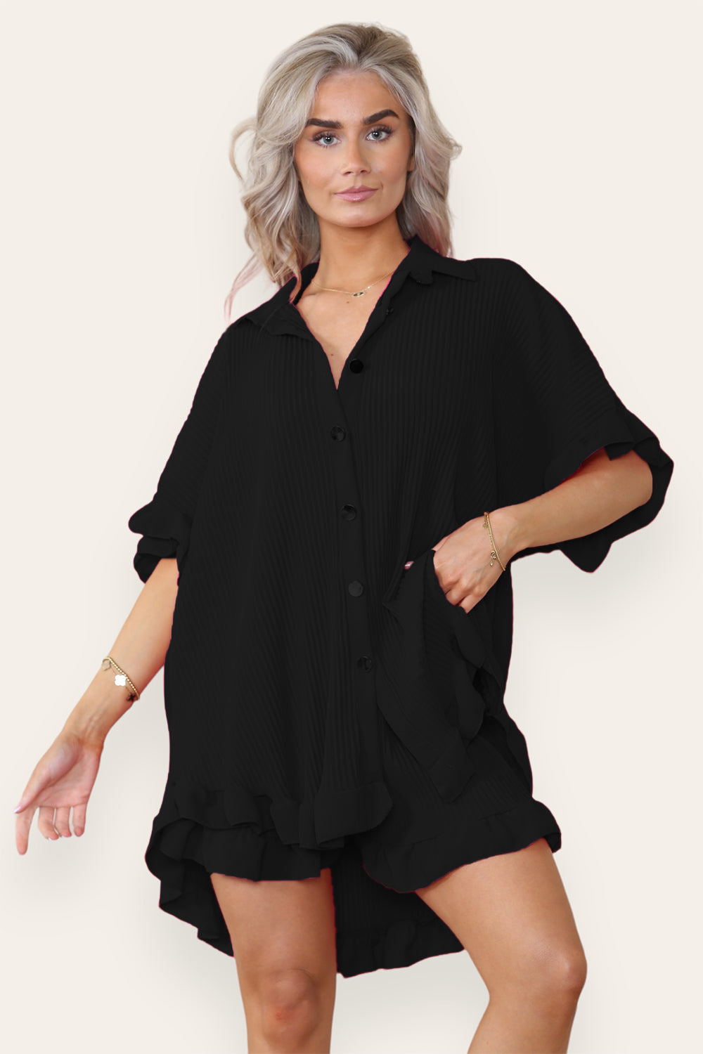 Women’s Casual Oversized Gold Button Pleated Frilled Ruffle Short Sleeves Shirt Top and Short Co-Ord Set - 9th Degree