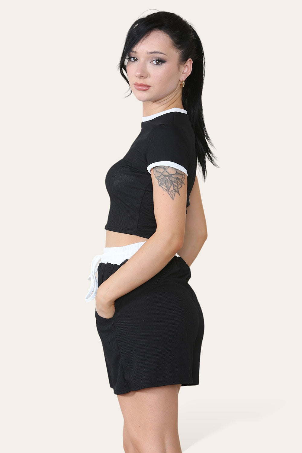 Ribbed Contrast Waistband Top and Short Set - 9th Degree
