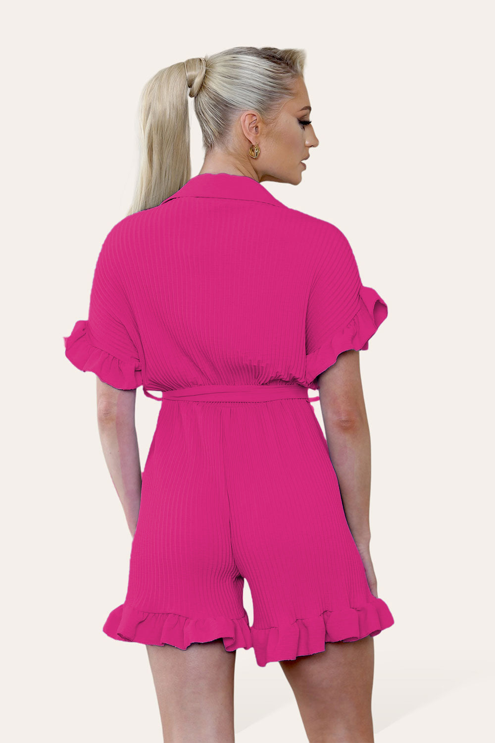 Pleated Ruffle Shirt Short Playsuit With Frill Hems - 9th Degree