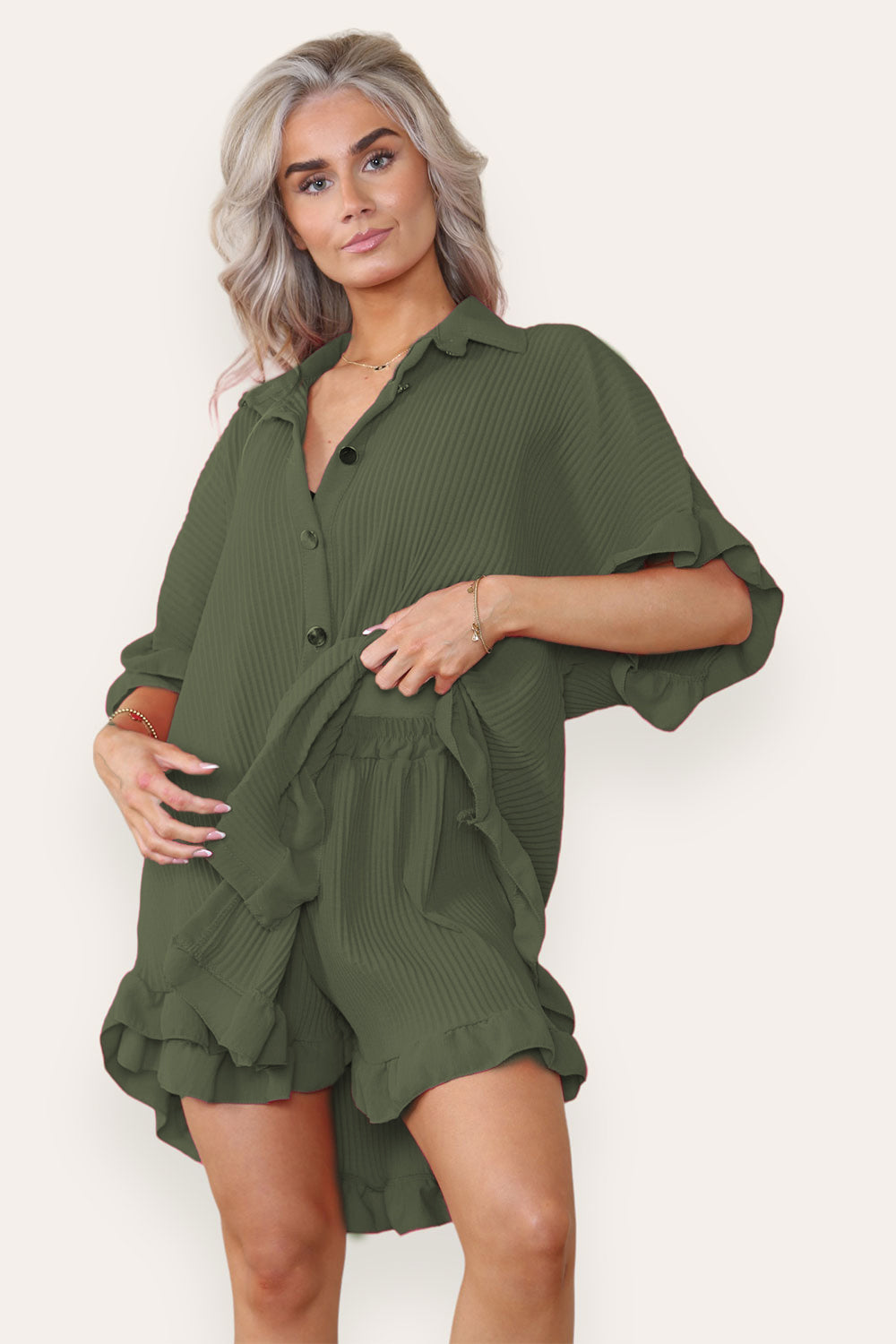 Women’s Casual Oversized Gold Button Pleated Frilled Ruffle Short Sleeves Shirt Top and Short Co-Ord Set - 9th Degree