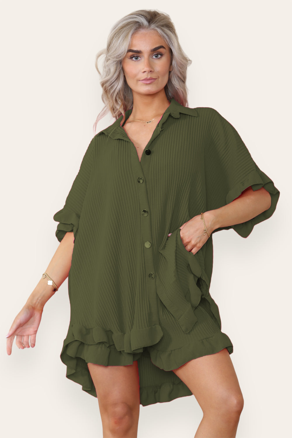 Women’s Casual Oversized Gold Button Pleated Frilled Ruffle Short Sleeves Shirt Top and Short Co-Ord Set - 9th Degree