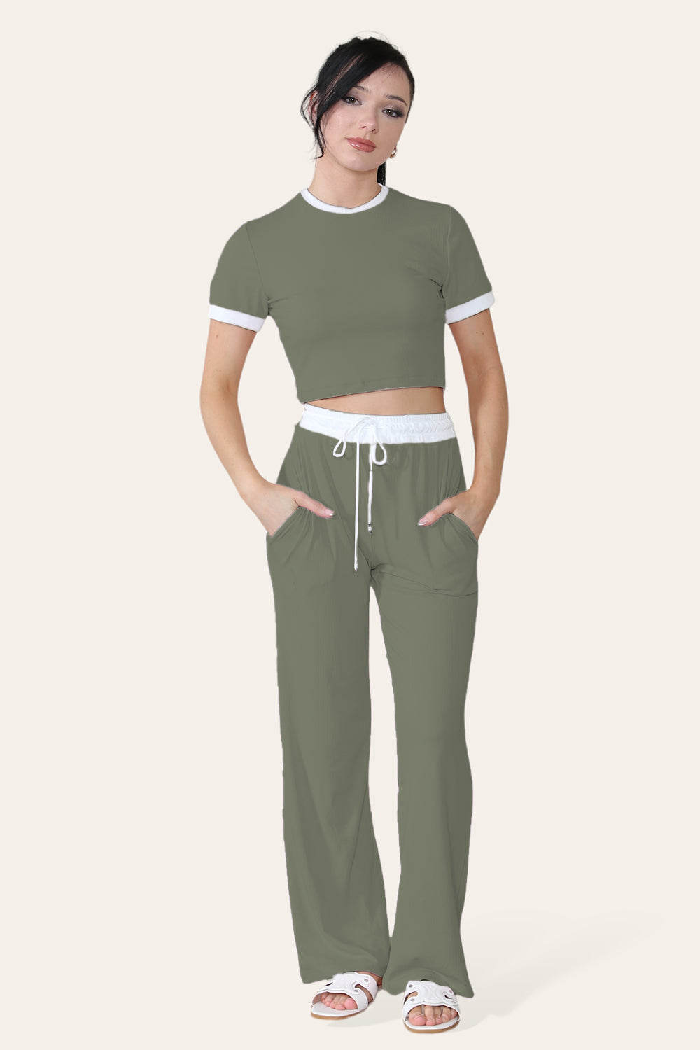 Ribbed Contrast Wide Leg Flared Trousers And Top Loungewear TRS Cropped Set - 9th Degree