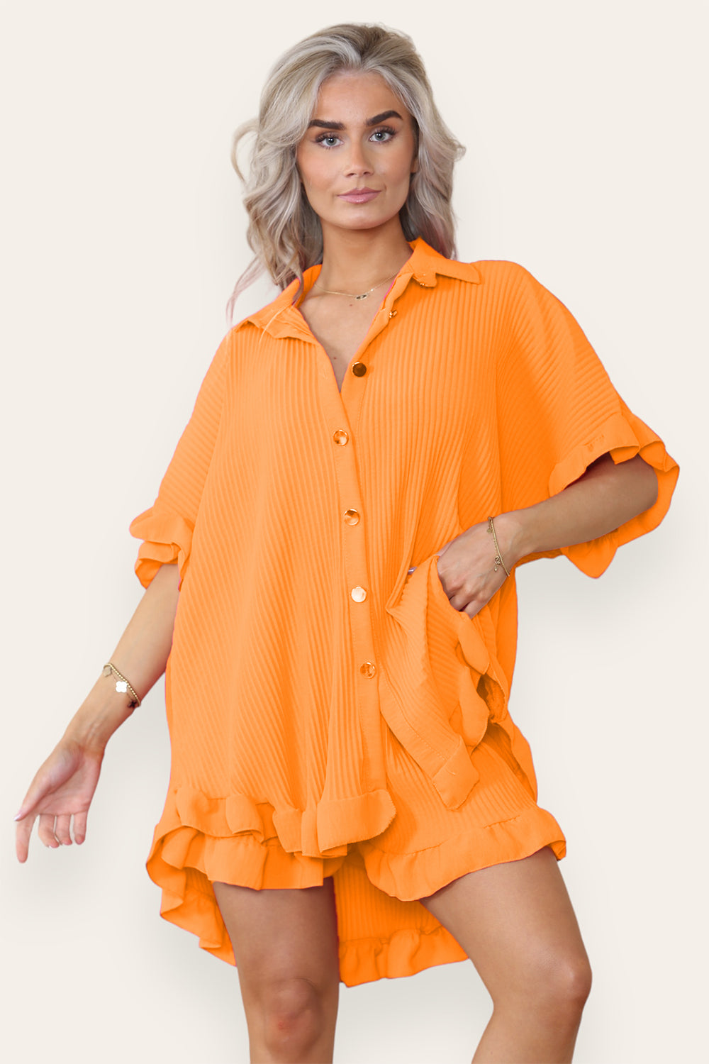 Women’s Casual Oversized Gold Button Pleated Frilled Ruffle Short Sleeves Shirt Top and Short Co-Ord Set - 9th Degree