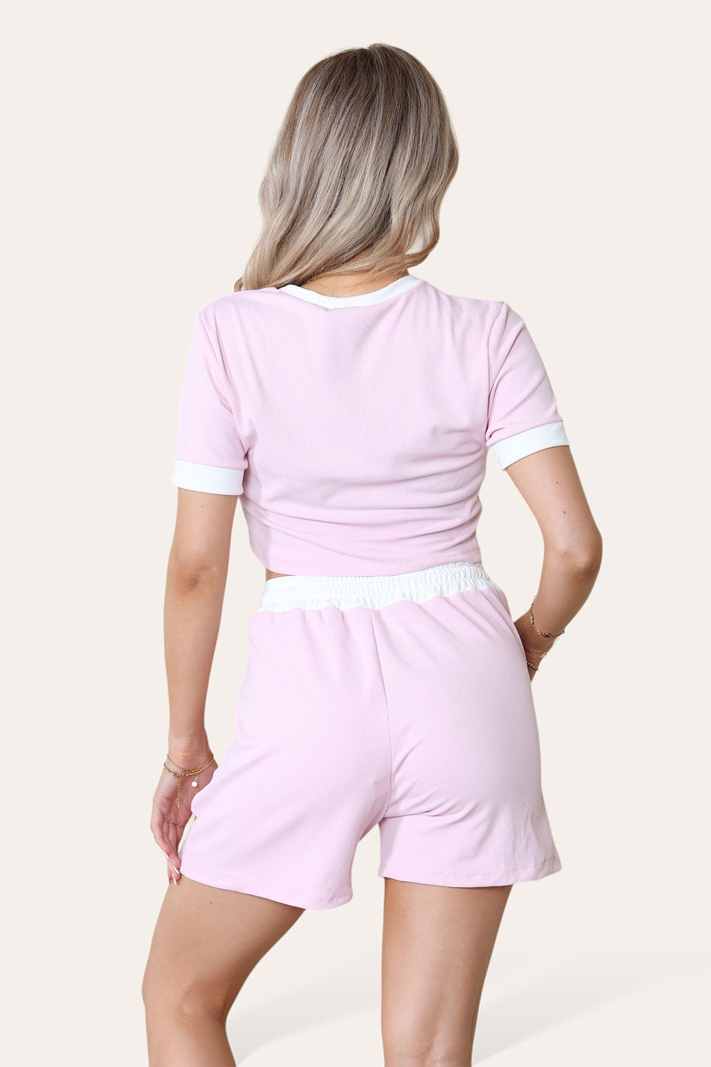 Ribbed Contrast Waistband Top and Short Set - 9th Degree