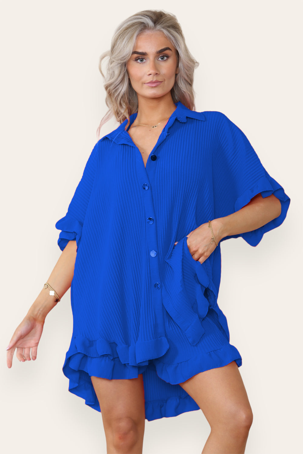 Women’s Casual Oversized Gold Button Pleated Frilled Ruffle Short Sleeves Shirt Top and Short Co-Ord Set - 9th Degree
