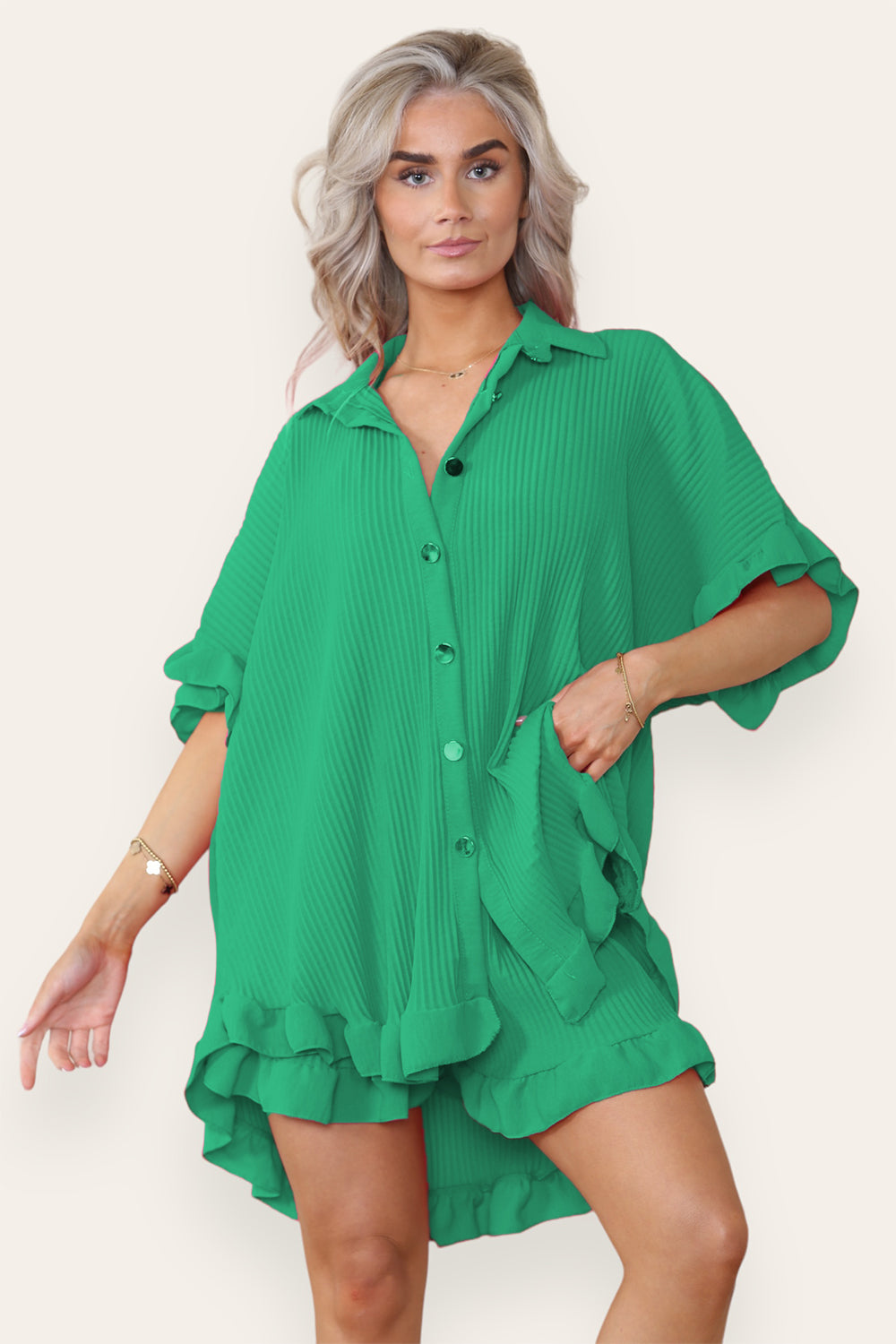 Women’s Casual Oversized Gold Button Pleated Frilled Ruffle Short Sleeves Shirt Top and Short Co-Ord Set - 9th Degree