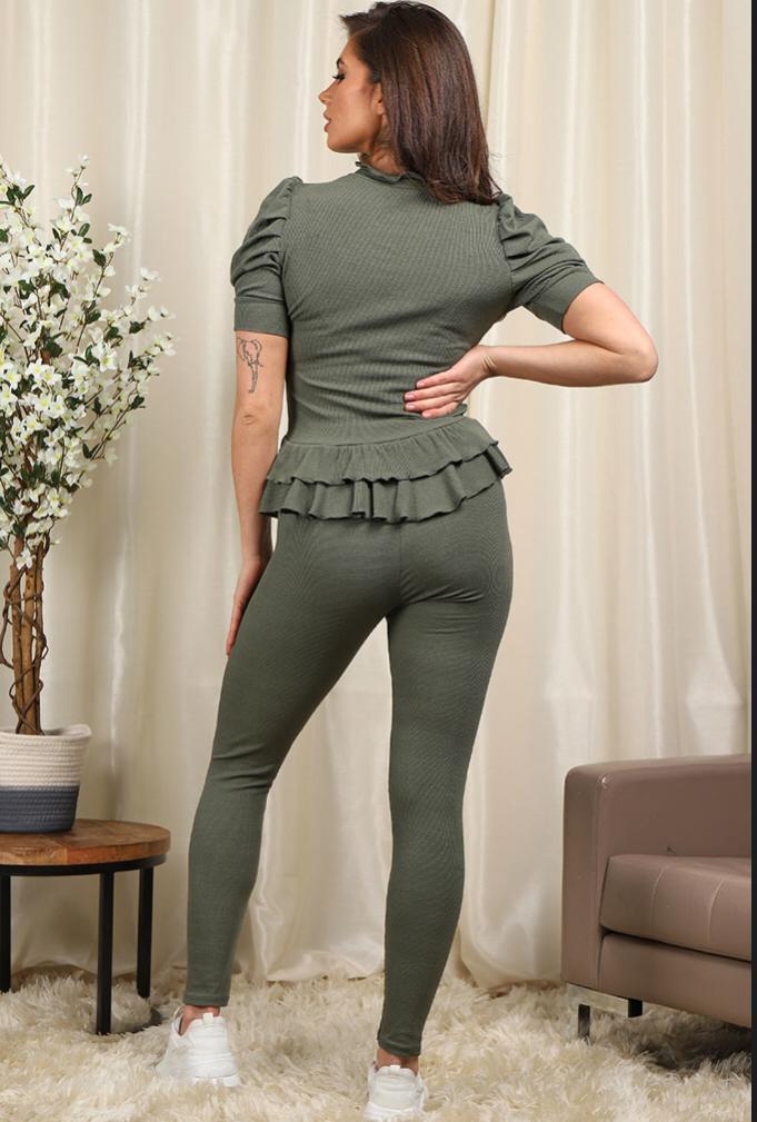 Short Sleeves Two Piece Suit with Ribbed Legging Co-Ord Top Gold Button Frill Hem Peplum Ribbed Lounge Set - 9th Degree