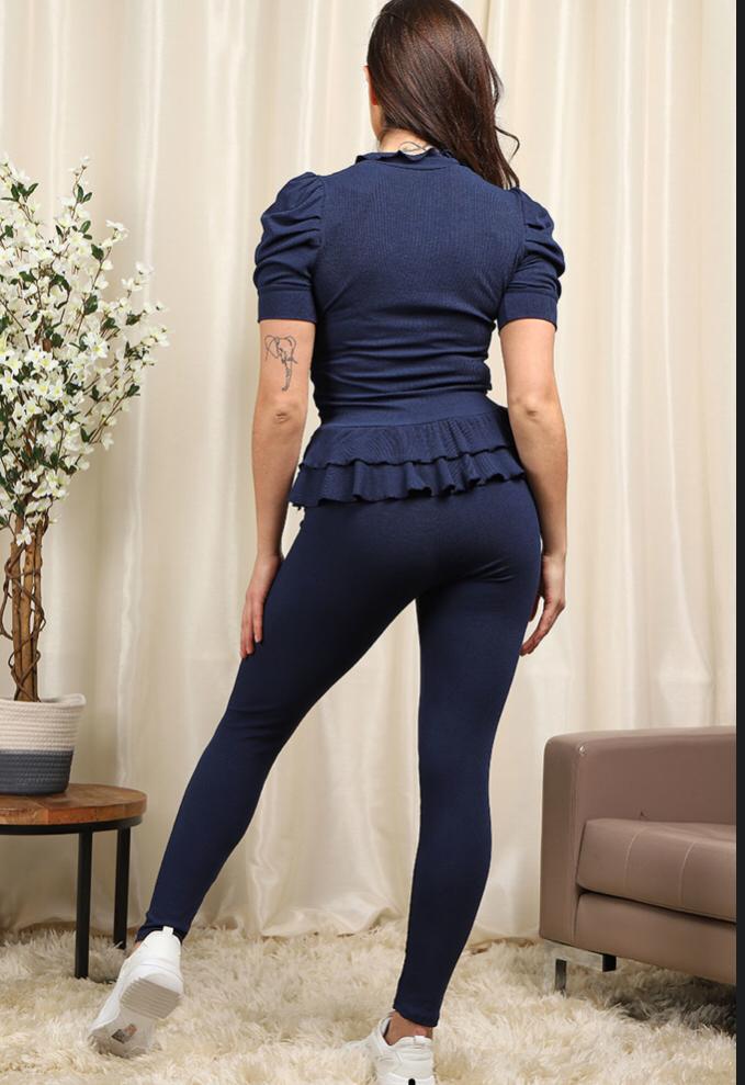 Short Sleeves Two Piece Suit with Ribbed Legging Co-Ord Top Gold Button Frill Hem Peplum Ribbed Lounge Set - 9th Degree