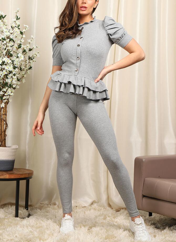 Short Sleeves Two Piece Suit with Ribbed Legging Co-Ord Top Gold Button Frill Hem Peplum Ribbed Lounge Set - 9th Degree
