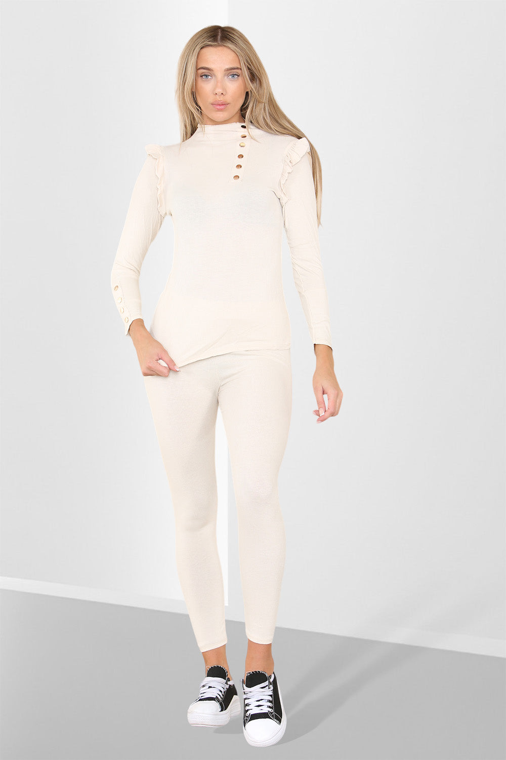 Side Buttons Frill Shoulder Side Neck Gold Button Detail Two Piece Loungewear Set - 9th Degree