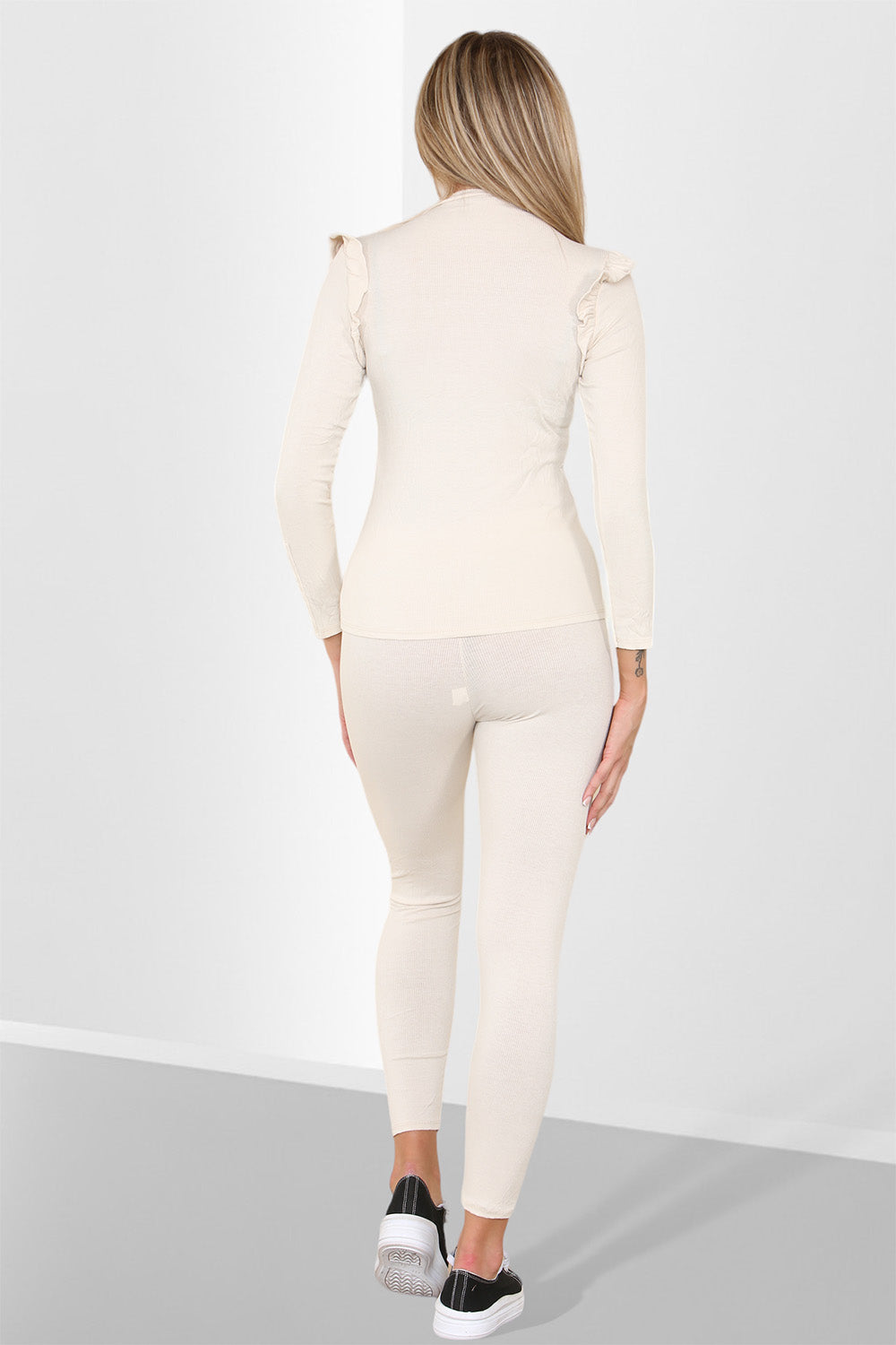 Side Buttons Frill Shoulder Side Neck Gold Button Detail Two Piece Loungewear Set - 9th Degree