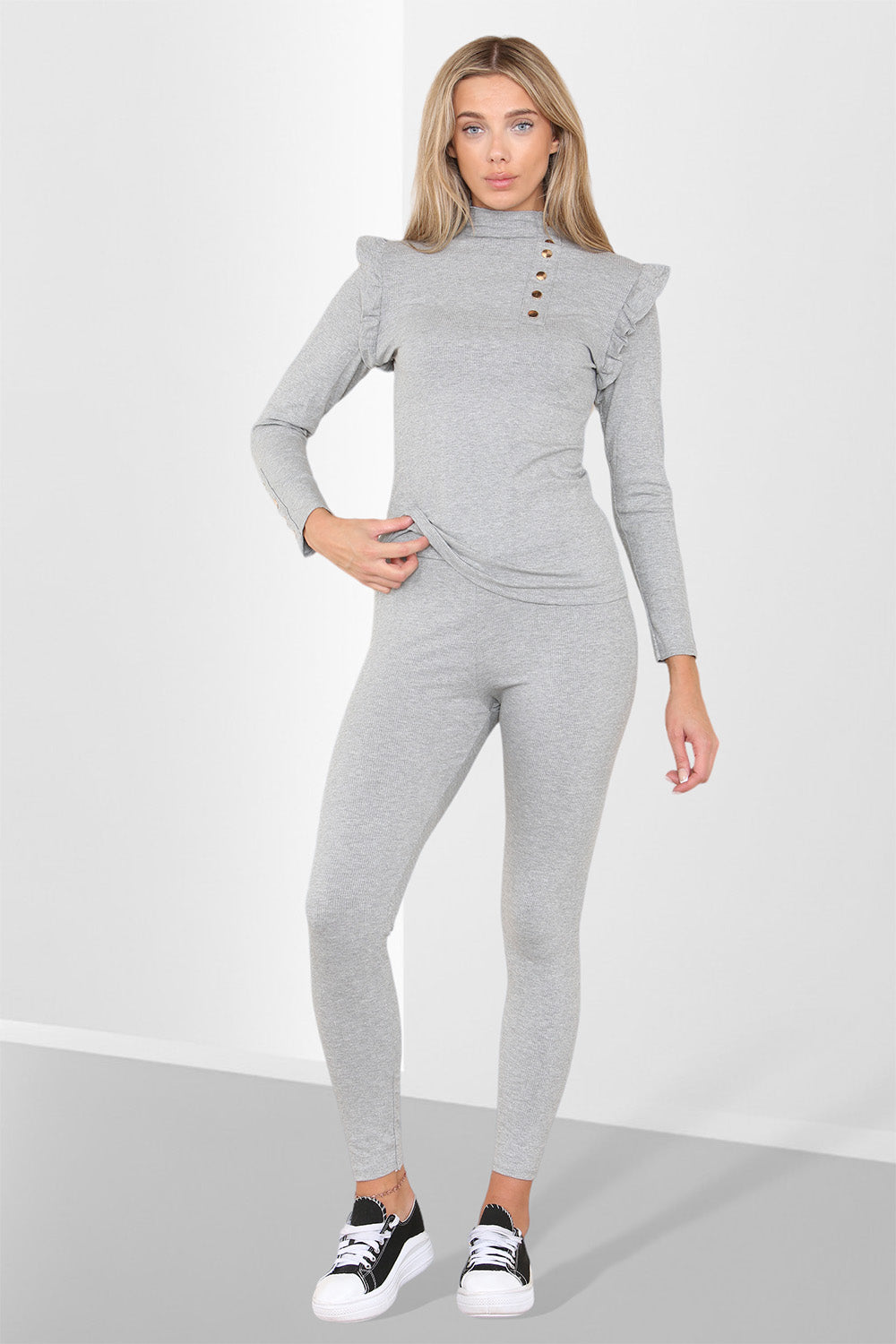 Side Buttons Frill Shoulder Side Neck Gold Button Detail Two Piece Loungewear Set - 9th Degree