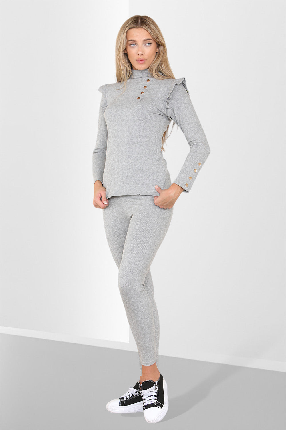 Side Buttons Frill Shoulder Side Neck Gold Button Detail Two Piece Loungewear Set - 9th Degree