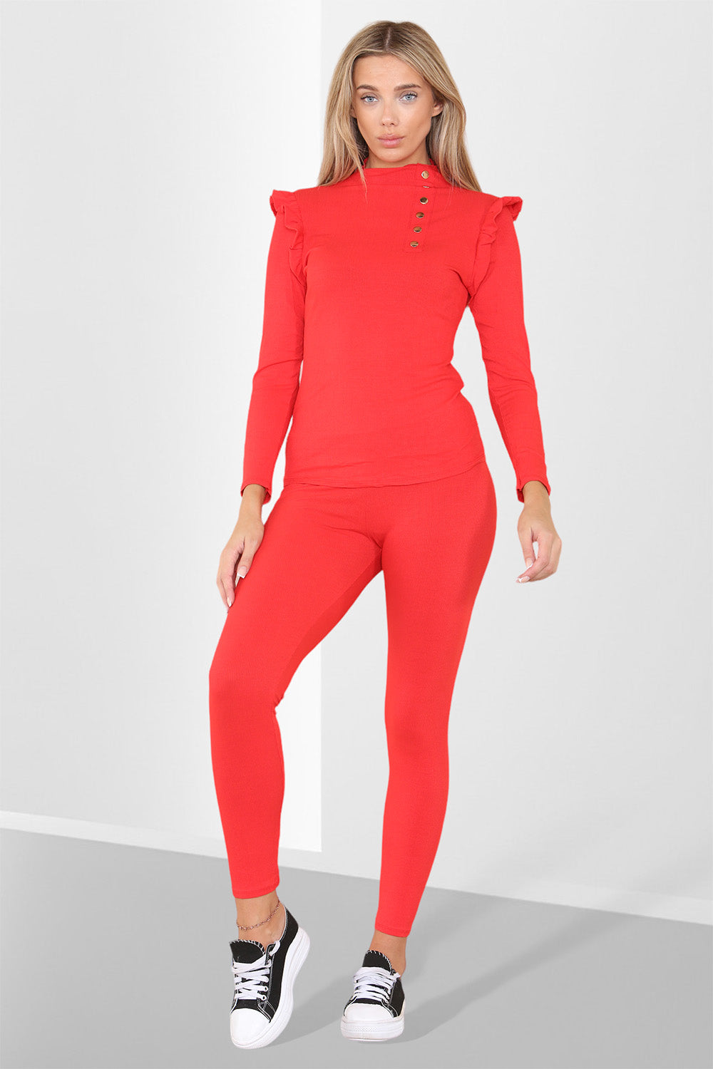 Side Buttons Frill Shoulder Side Neck Gold Button Detail Two Piece Loungewear Set - 9th Degree