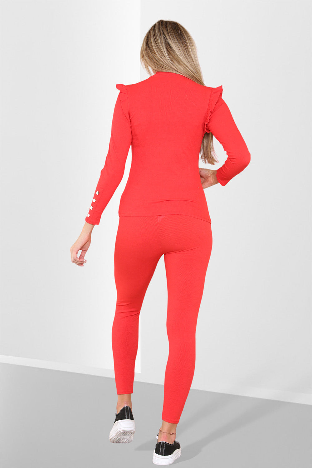 Side Buttons Frill Shoulder Side Neck Gold Button Detail Two Piece Loungewear Set - 9th Degree