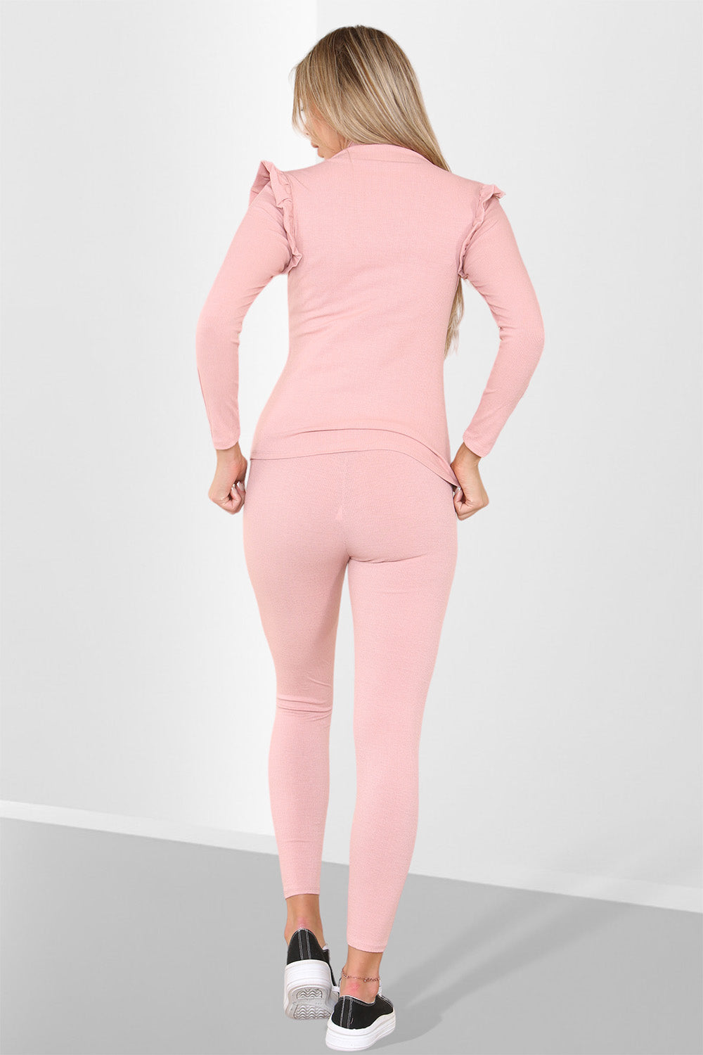 Side Buttons Frill Shoulder Side Neck Gold Button Detail Two Piece Loungewear Set - 9th Degree