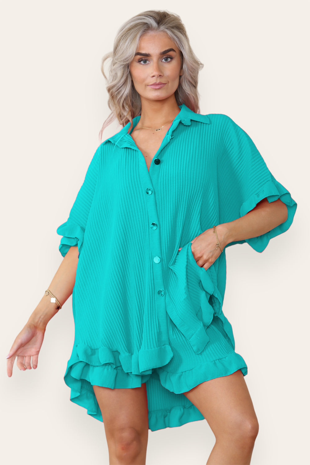 Women’s Casual Oversized Gold Button Pleated Frilled Ruffle Short Sleeves Shirt Top and Short Co-Ord Set - 9th Degree
