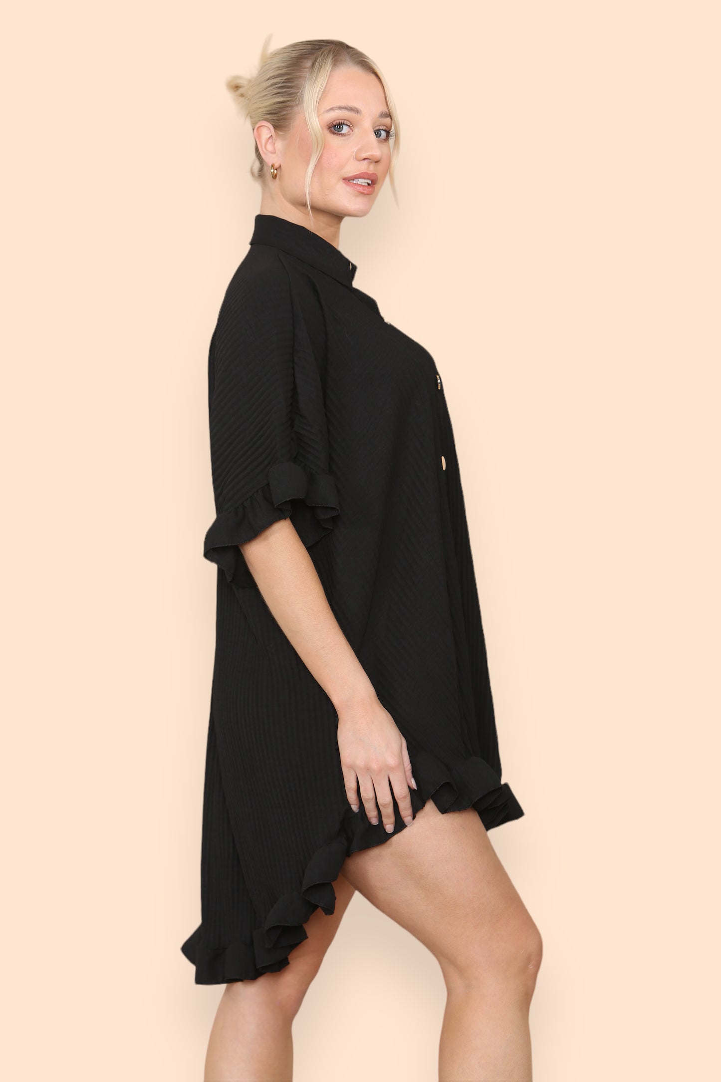 Over Sized Italian Gold Button Pleated Frill Ruffle TikTok Dress Top - 9th Degree