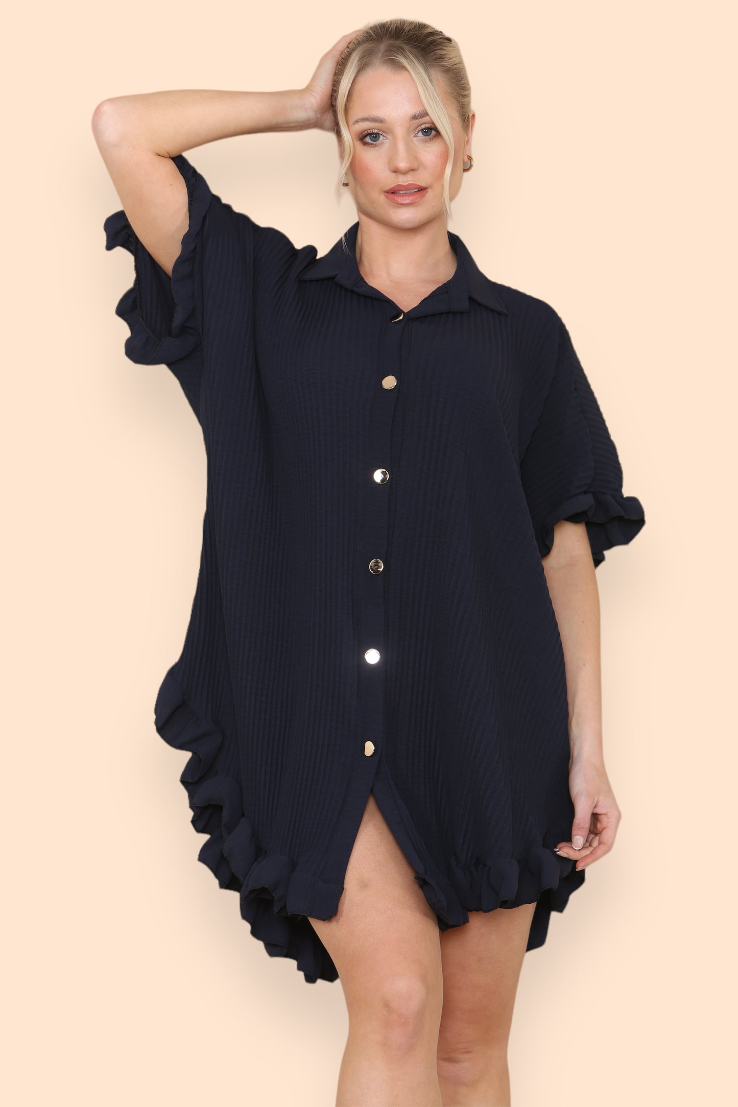 Over Sized Italian Gold Button Pleated Frill Ruffle TikTok Dress Top - 9th Degree