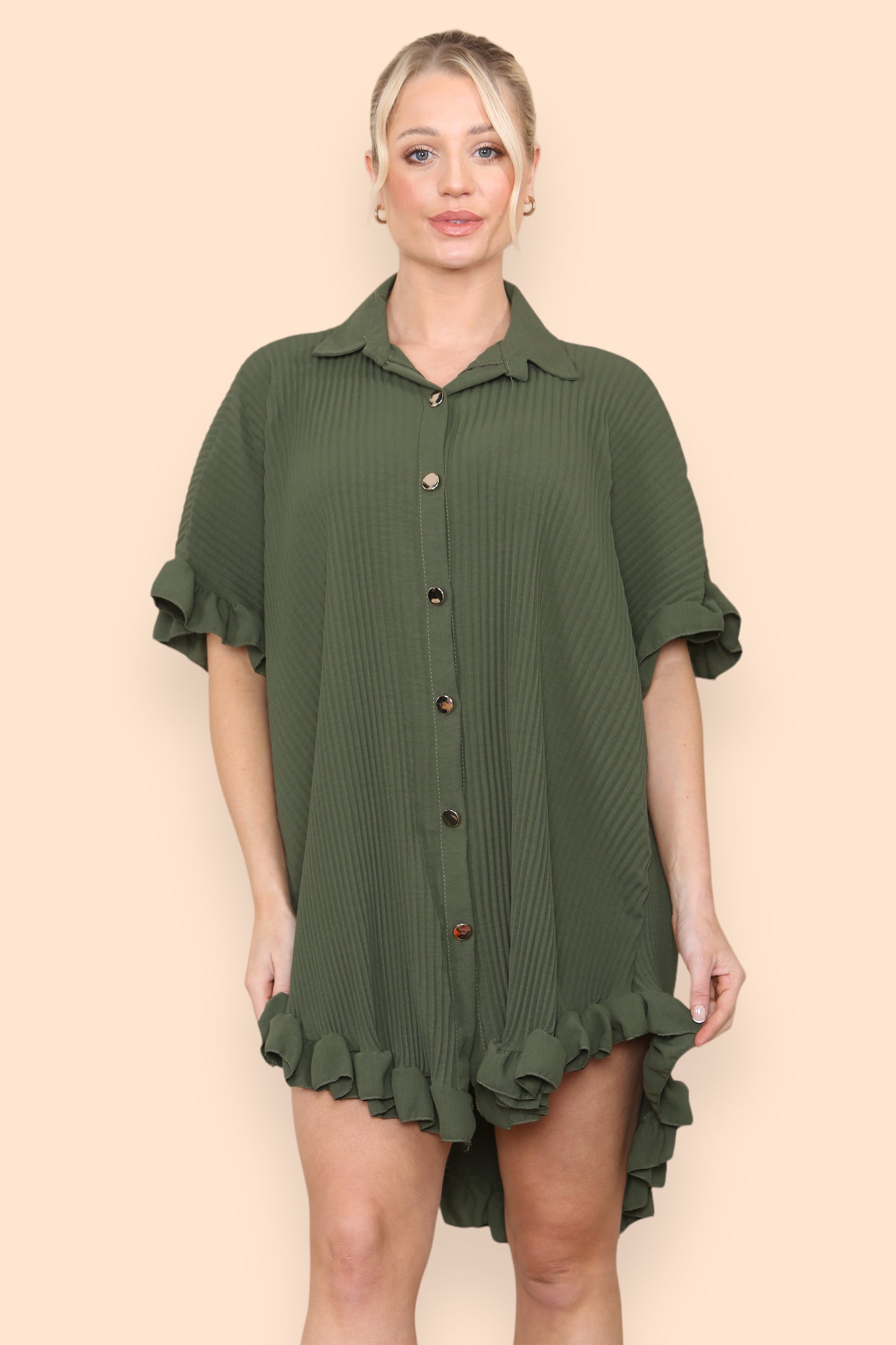 Over Sized Italian Gold Button Pleated Frill Ruffle TikTok Dress Top - 9th Degree