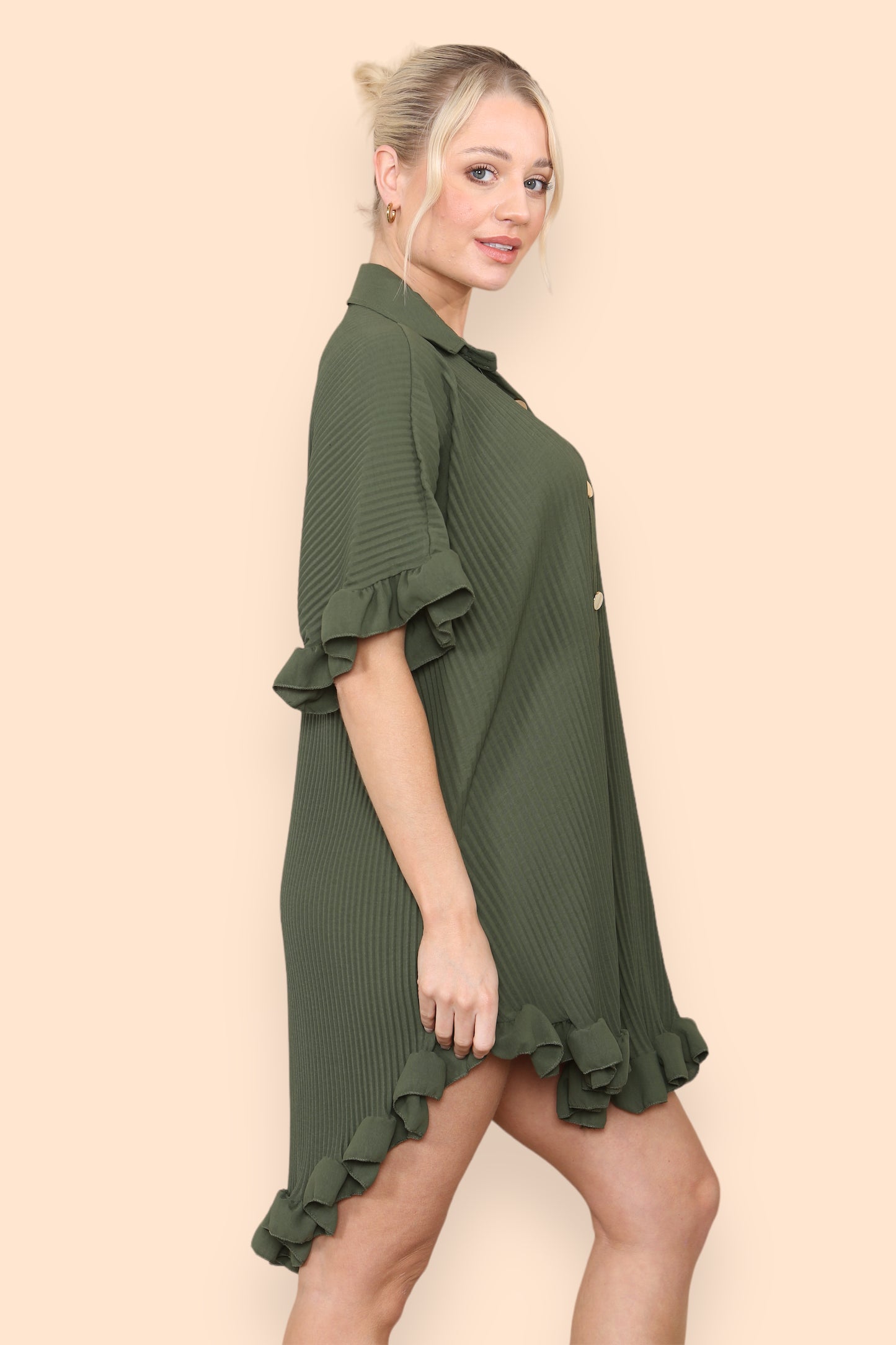 Over Sized Italian Gold Button Pleated Frill Ruffle TikTok Dress Top - 9th Degree