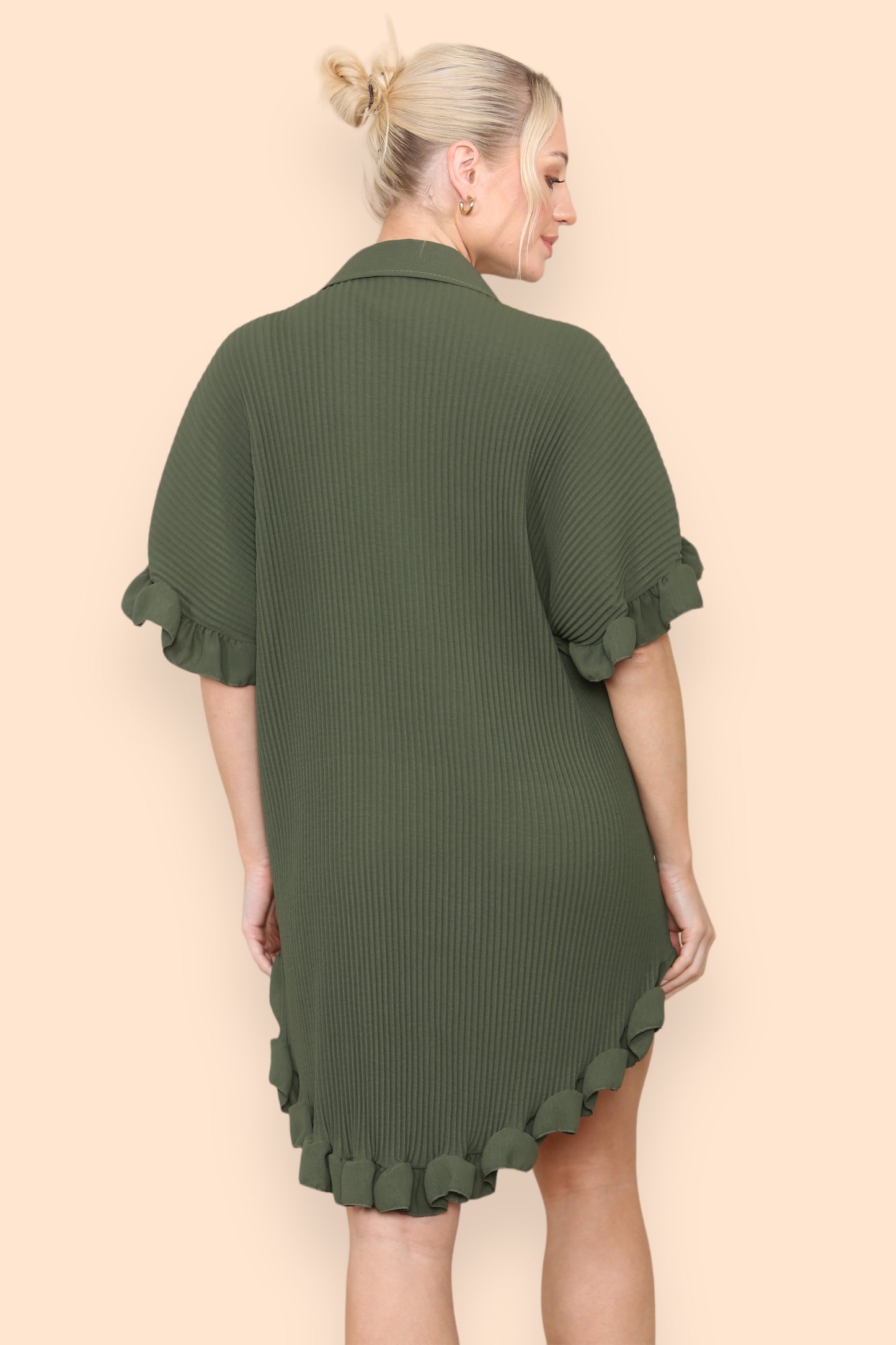 Over Sized Italian Gold Button Pleated Frill Ruffle TikTok Dress Top - 9th Degree