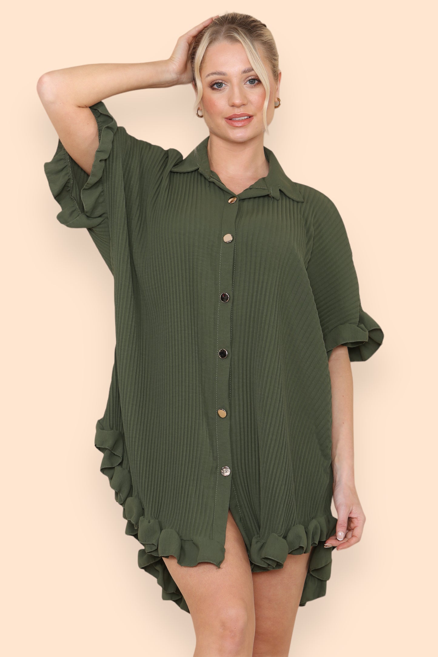 Over Sized Italian Gold Button Pleated Frill Ruffle TikTok Dress Top - 9th Degree