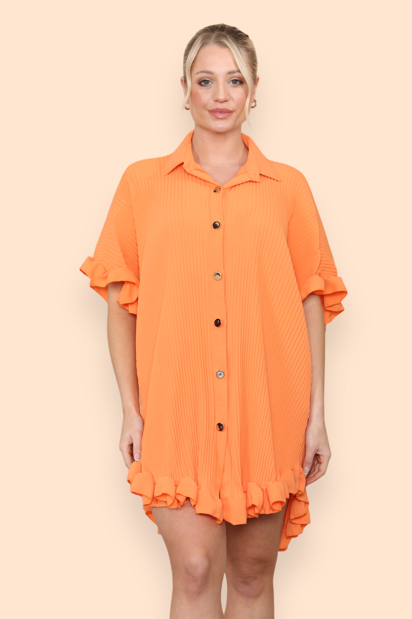 Over Sized Italian Gold Button Pleated Frill Ruffle TikTok Dress Top - 9th Degree