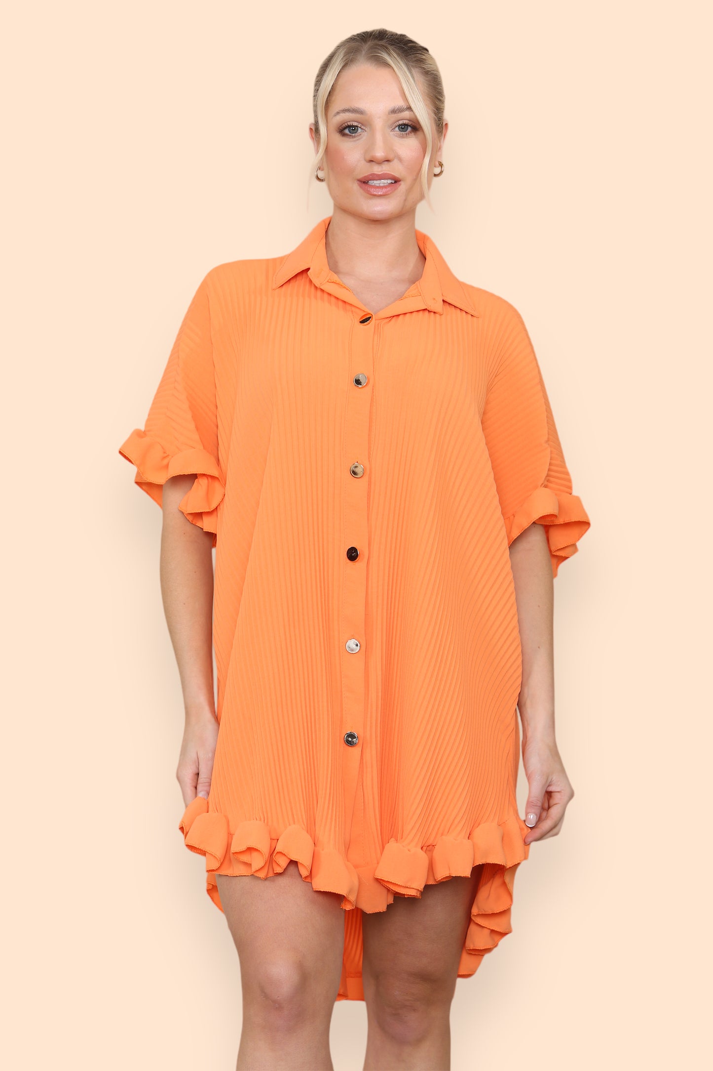Over Sized Italian Gold Button Pleated Frill Ruffle TikTok Dress Top - 9th Degree