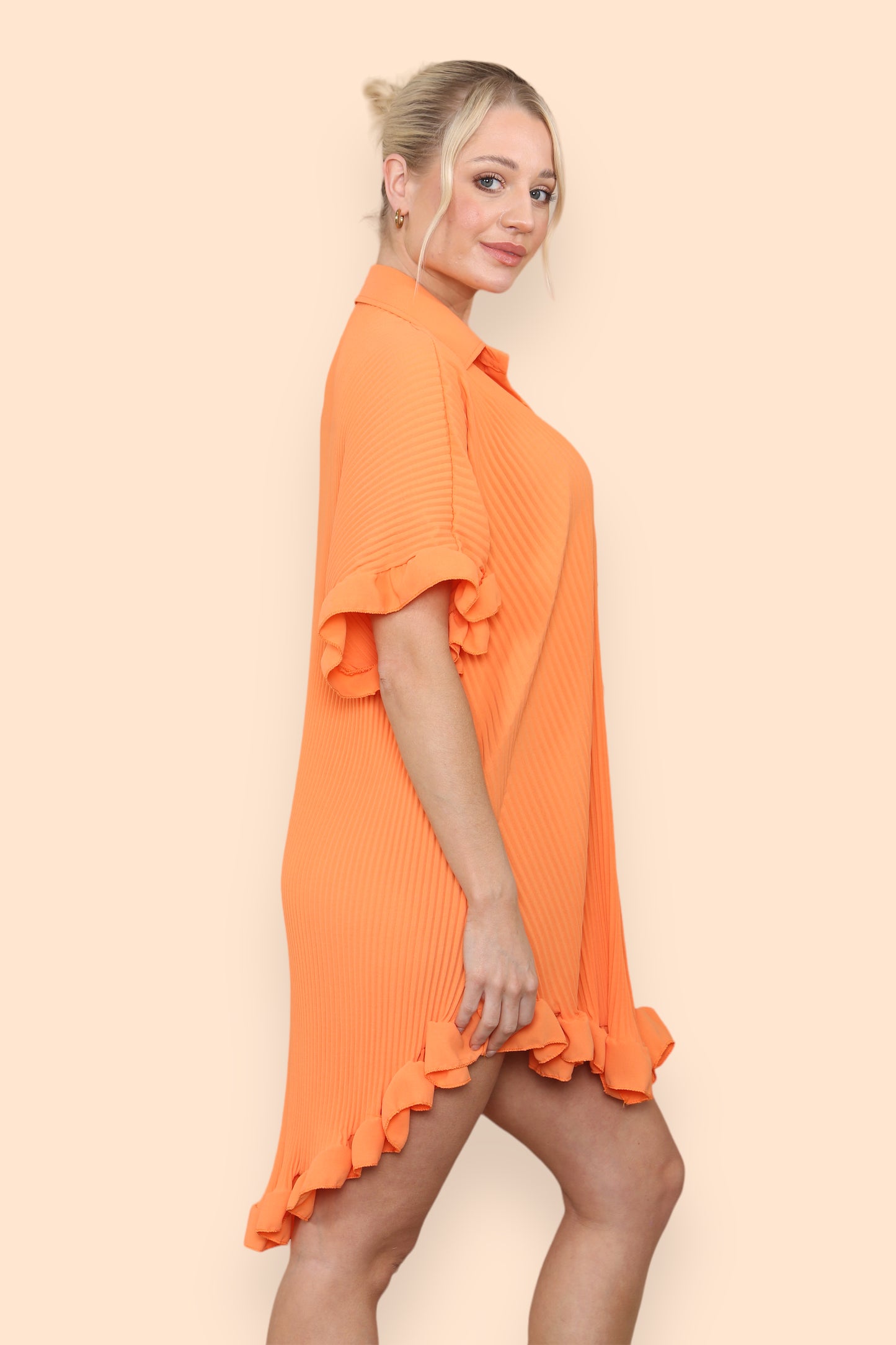 Over Sized Italian Gold Button Pleated Frill Ruffle TikTok Dress Top - 9th Degree