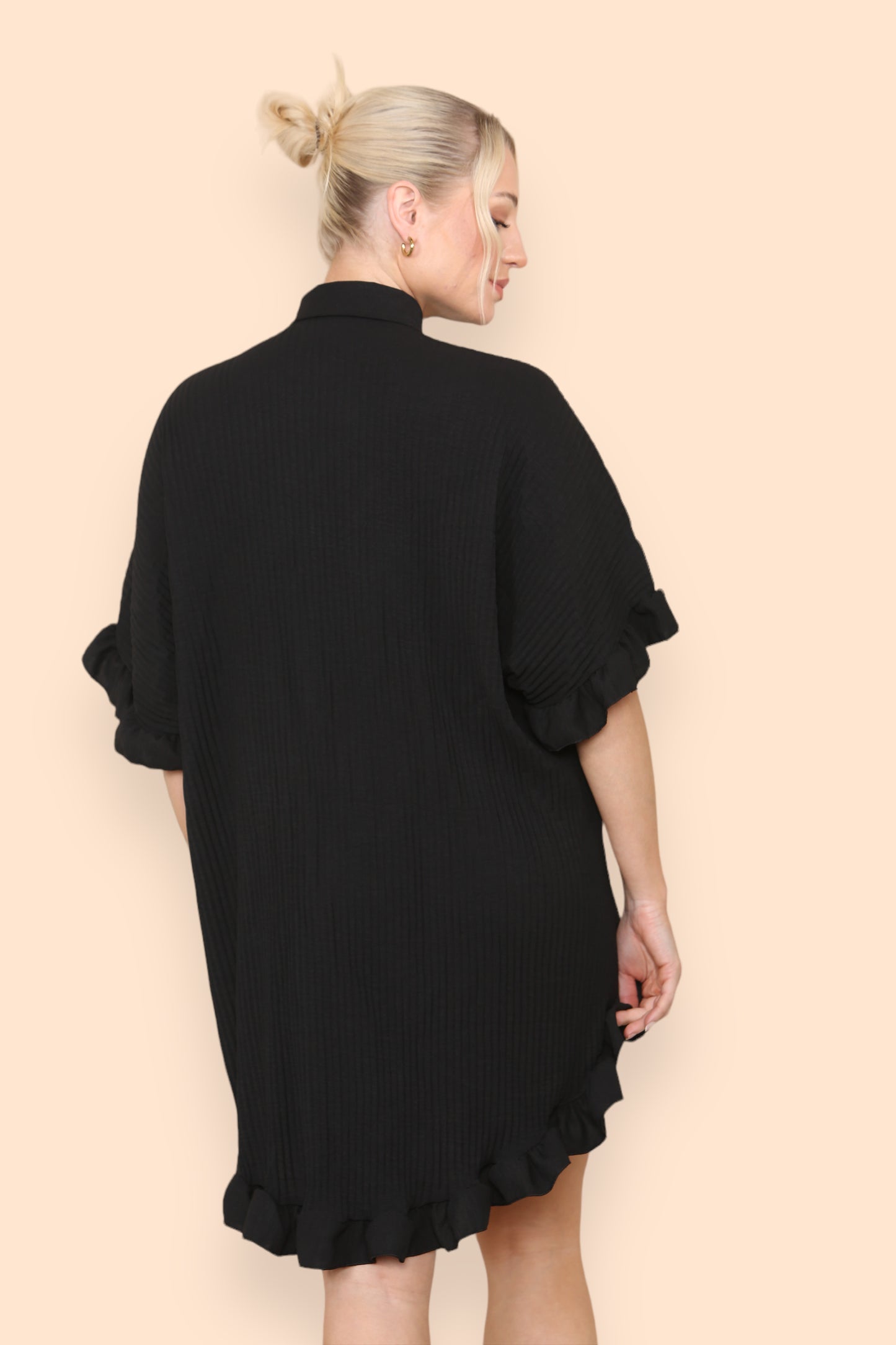 Over Sized Italian Gold Button Pleated Frill Ruffle TikTok Dress Top - 9th Degree