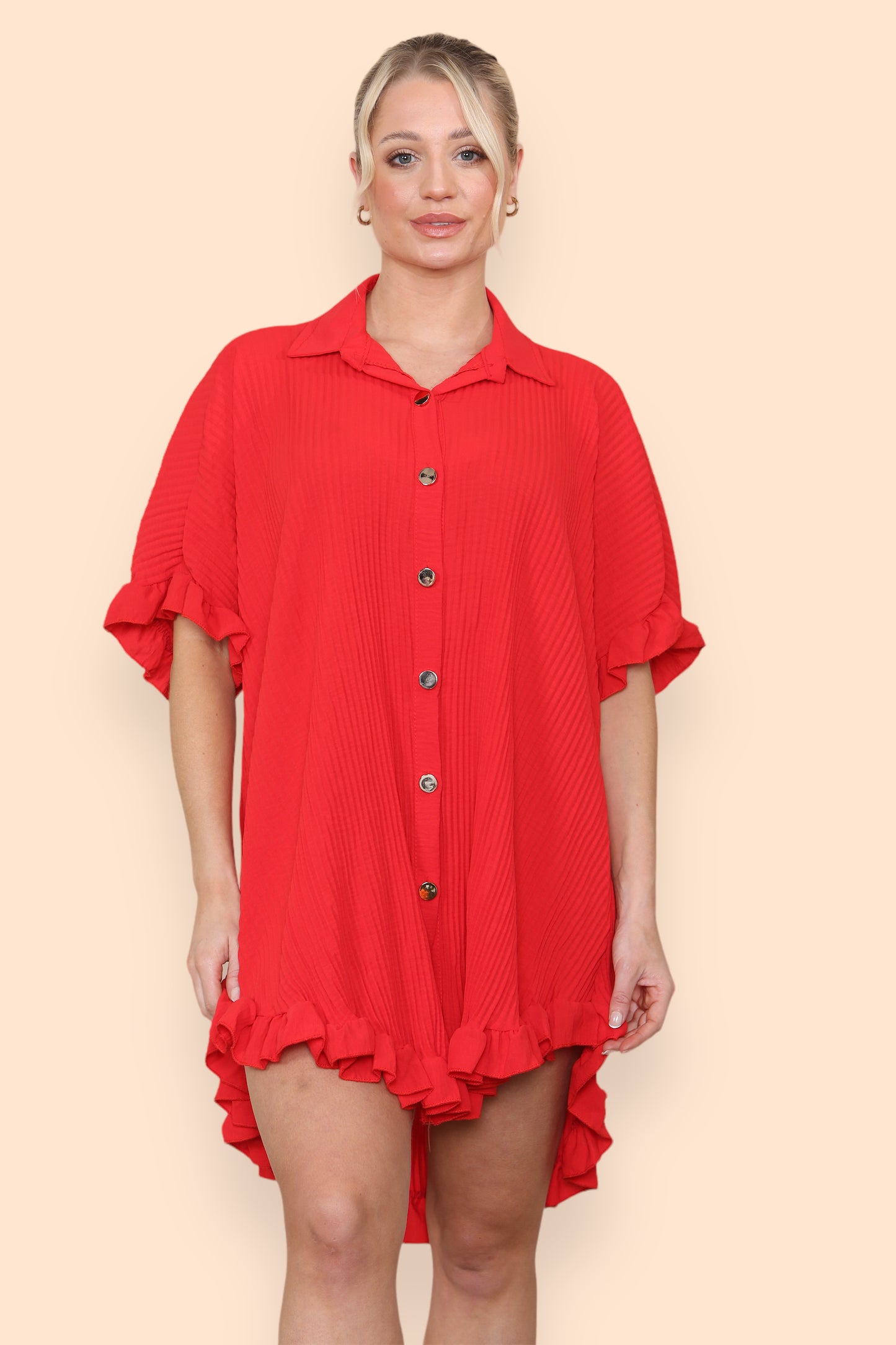 Over Sized Italian Gold Button Pleated Frill Ruffle TikTok Dress Top - 9th Degree