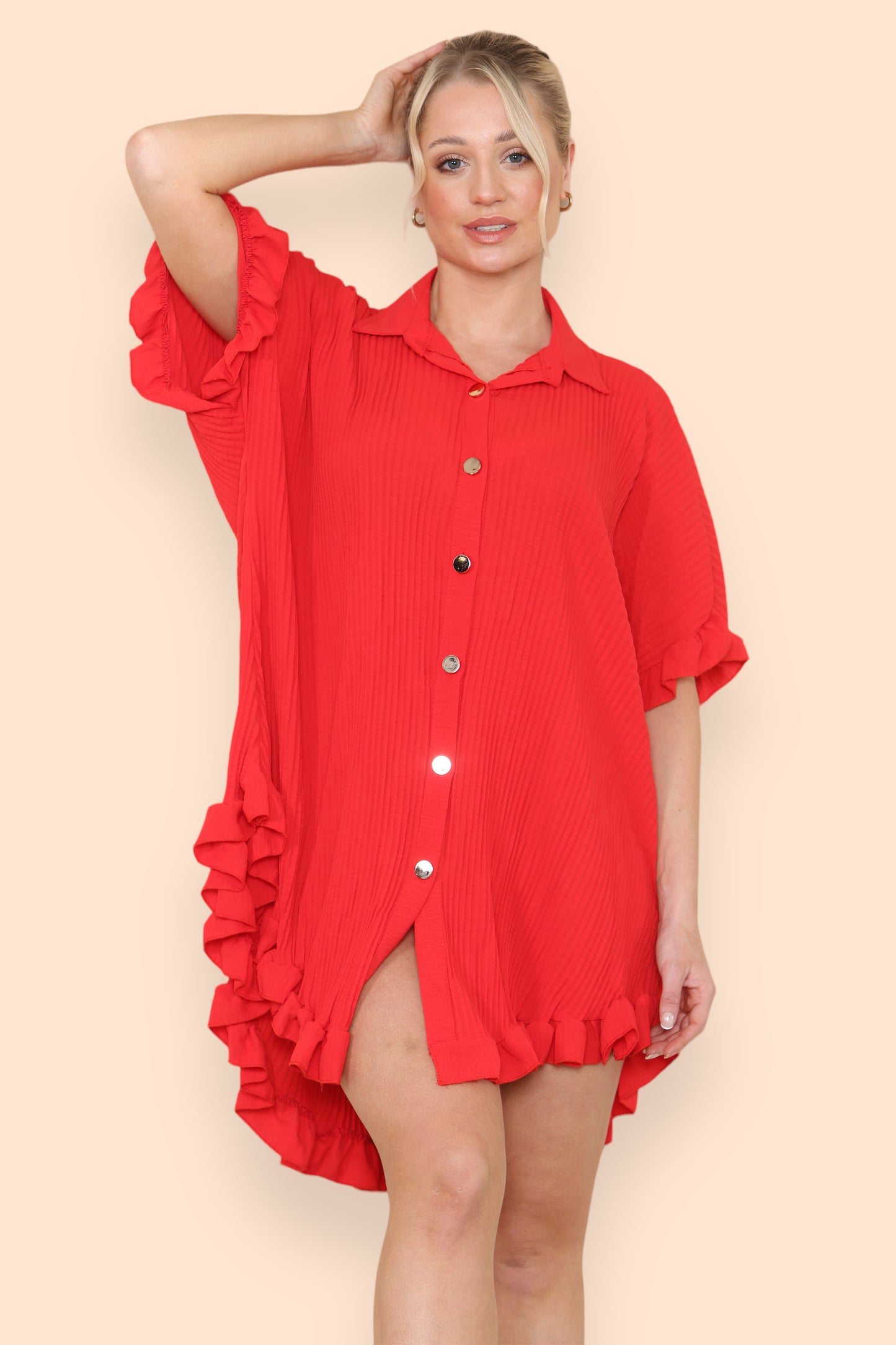 Over Sized Italian Gold Button Pleated Frill Ruffle TikTok Dress Top - 9th Degree