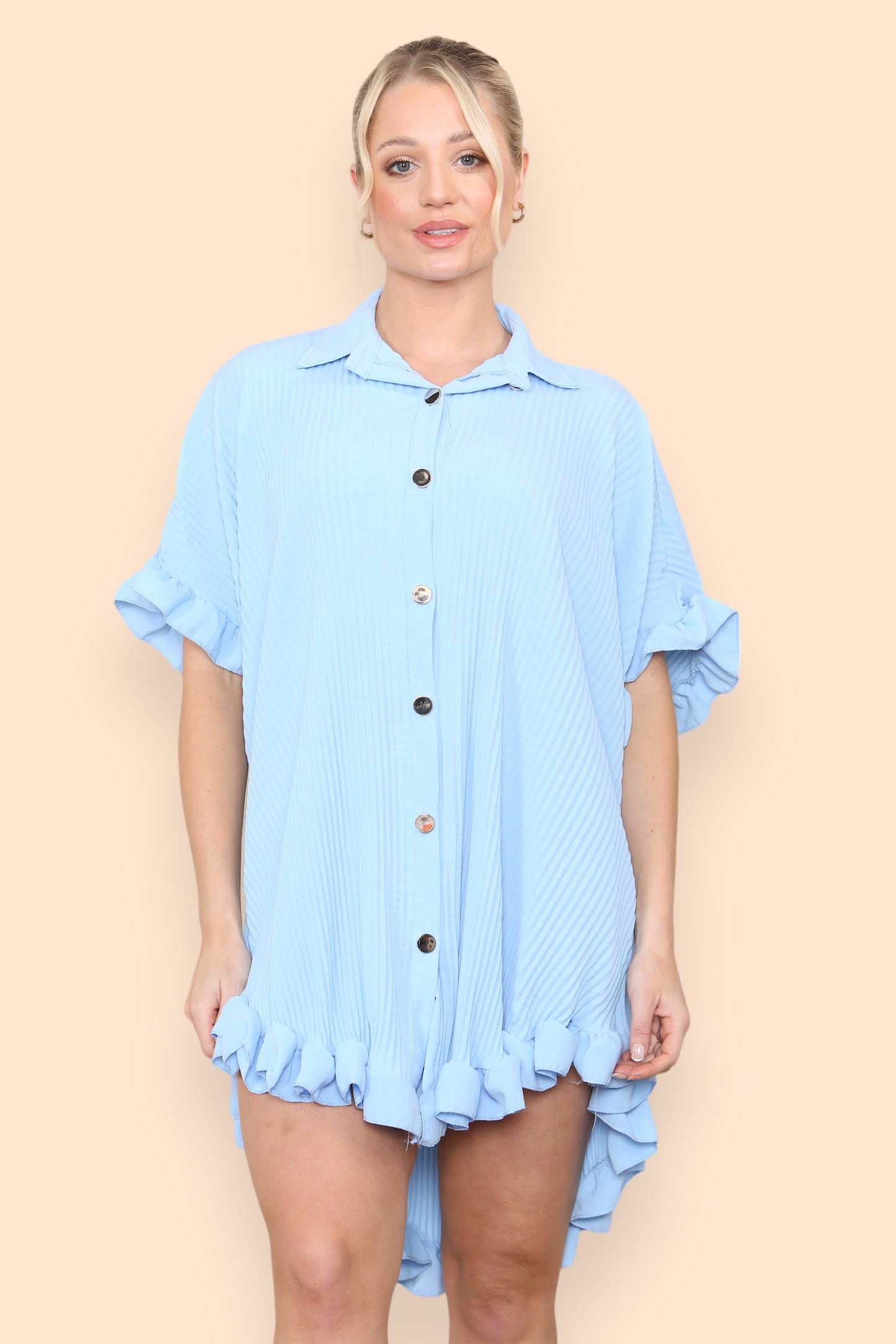 Over Sized Italian Gold Button Pleated Frill Ruffle TikTok Dress Top - 9th Degree