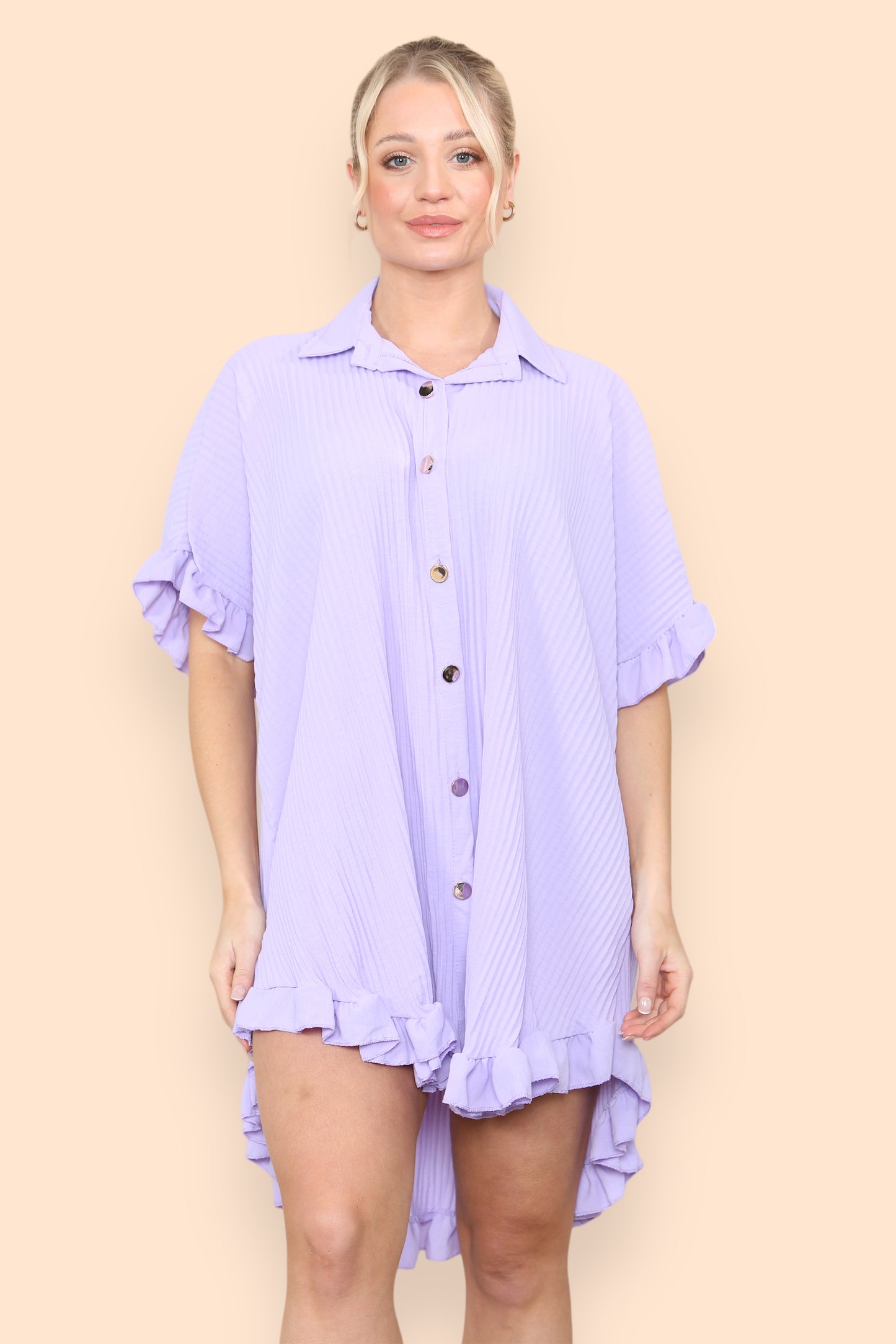 Over Sized Italian Gold Button Pleated Frill Ruffle TikTok Dress Top - 9th Degree