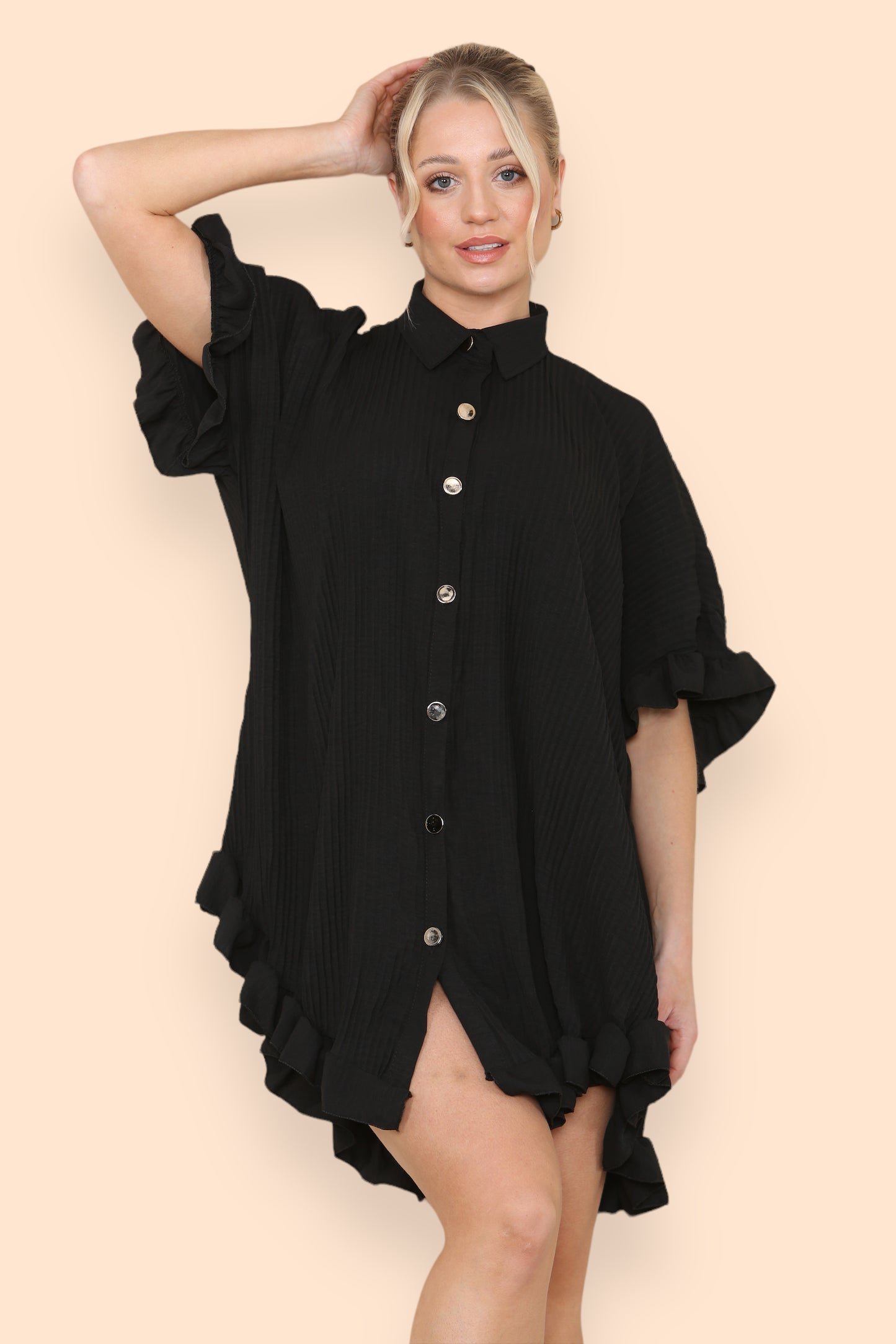 Over Sized Italian Gold Button Pleated Frill Ruffle TikTok Dress Top - 9th Degree