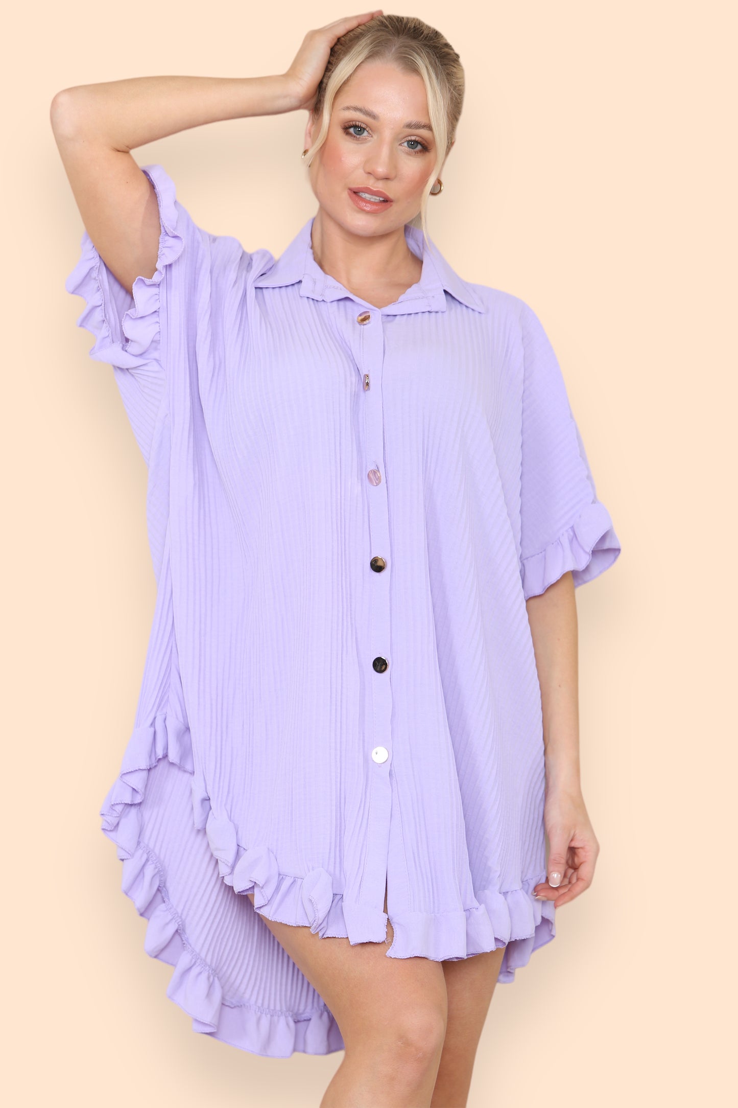 Over Sized Italian Gold Button Pleated Frill Ruffle TikTok Dress Top - 9th Degree