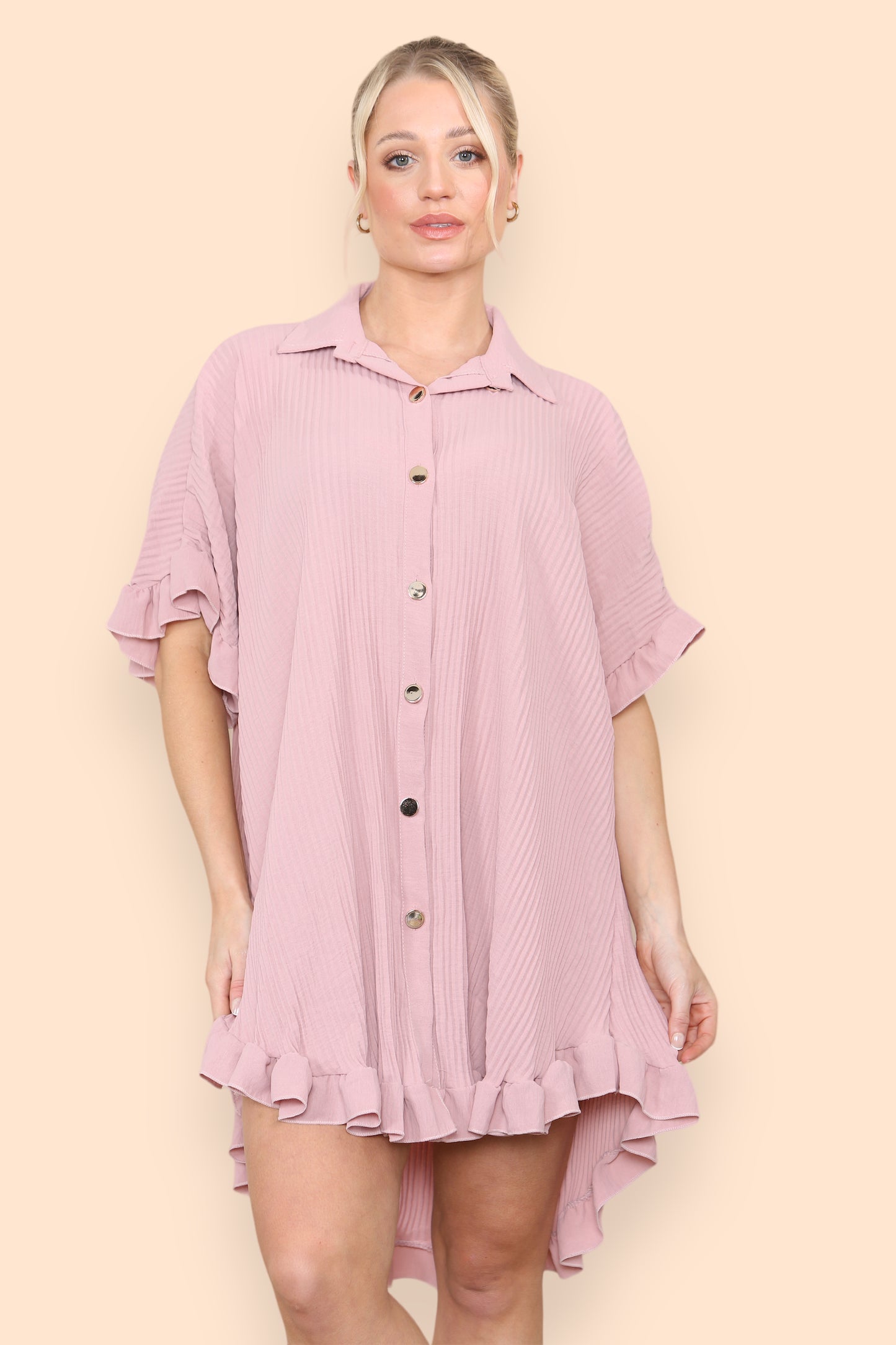 Over Sized Italian Gold Button Pleated Frill Ruffle TikTok Dress Top - 9th Degree