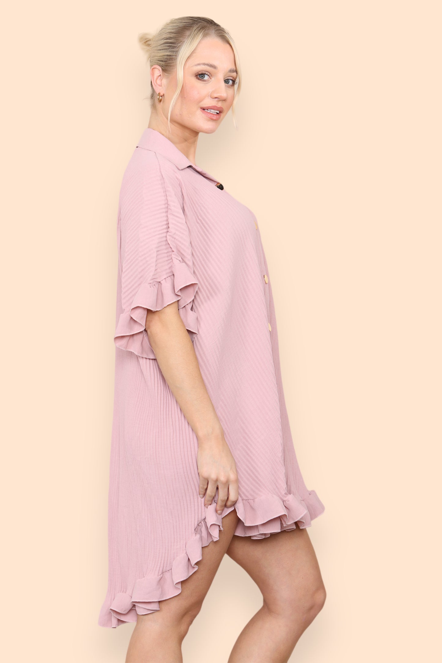 Over Sized Italian Gold Button Pleated Frill Ruffle TikTok Dress Top - 9th Degree