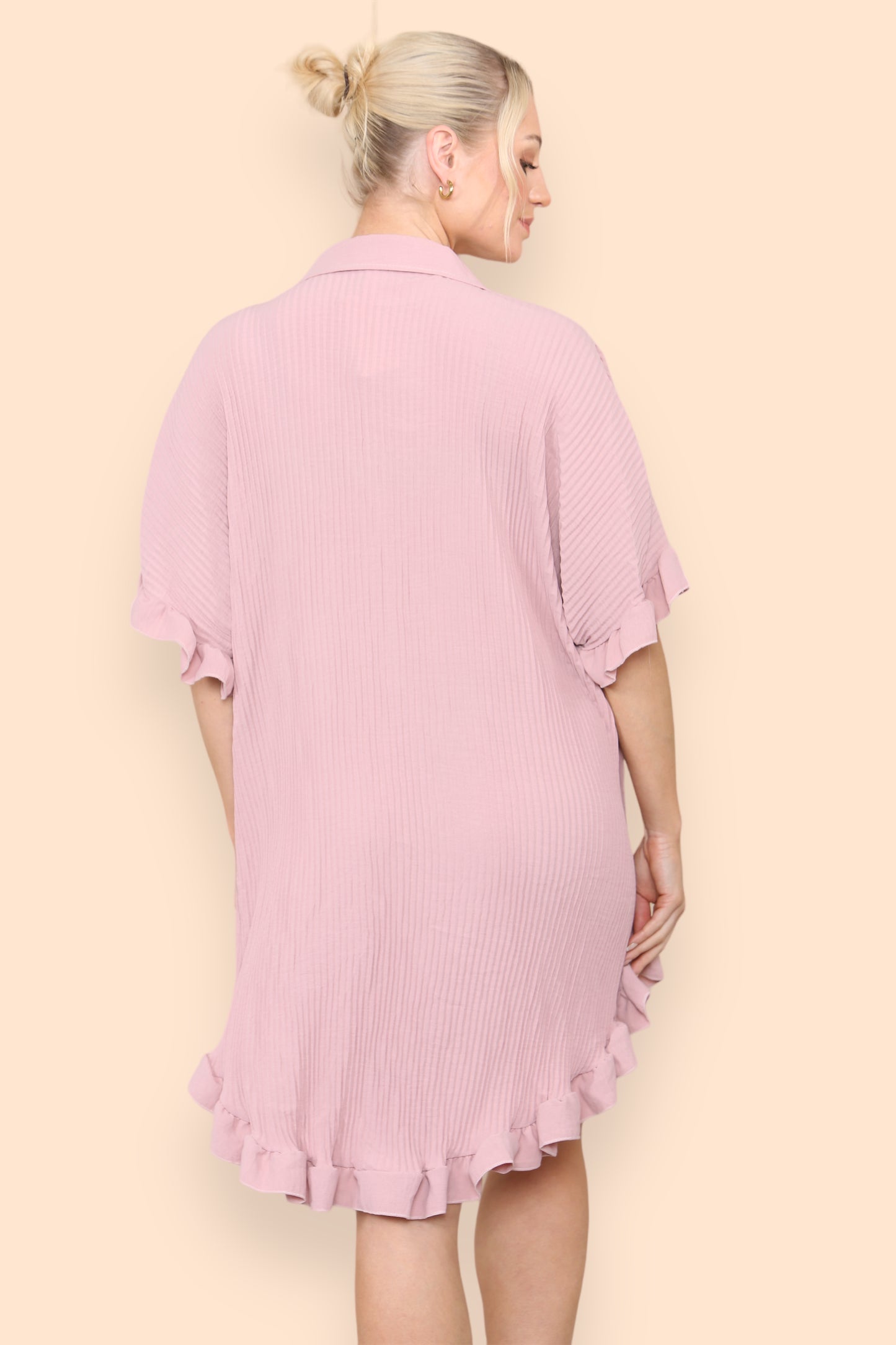 Over Sized Italian Gold Button Pleated Frill Ruffle TikTok Dress Top - 9th Degree