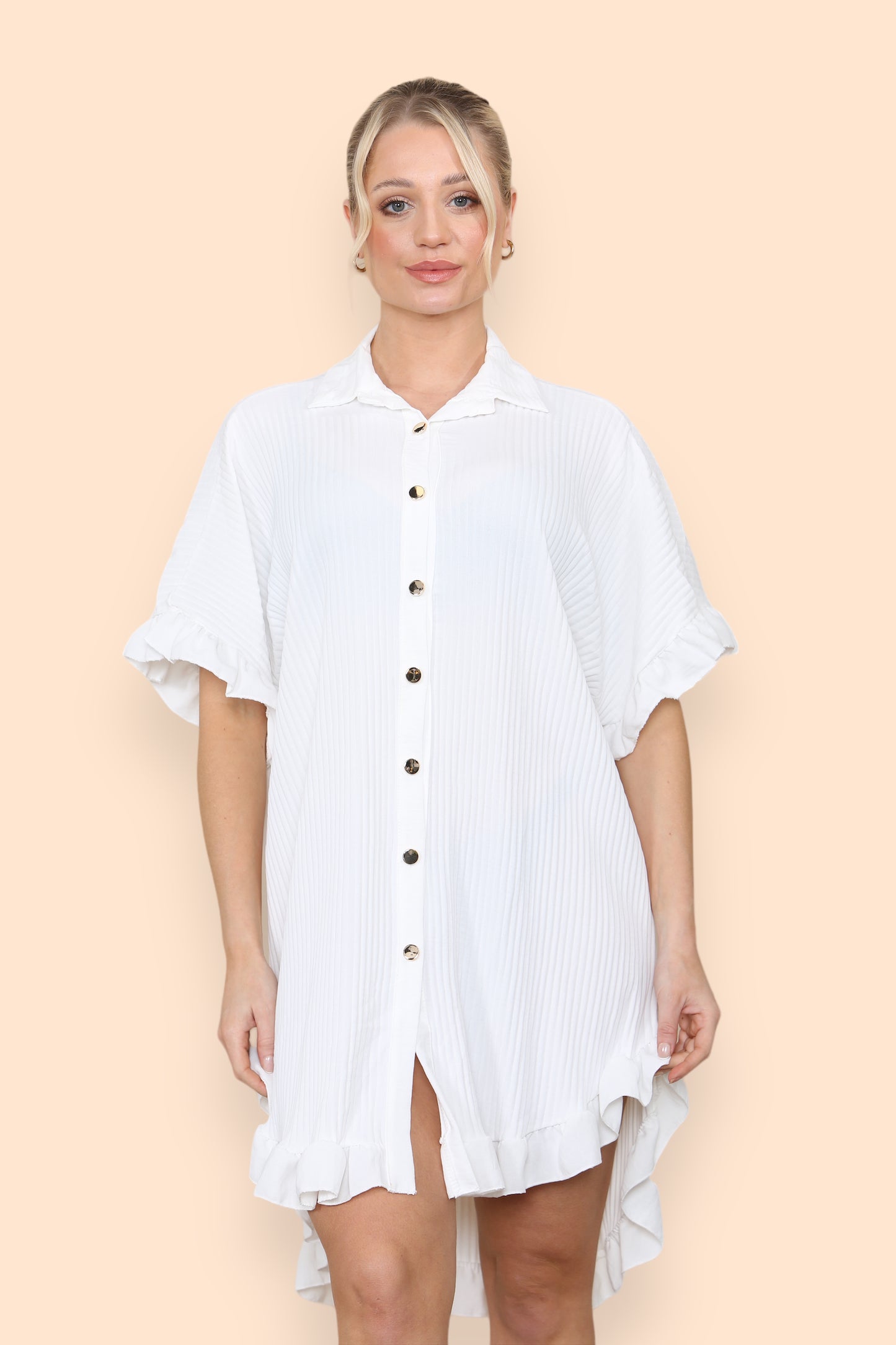 Over Sized Italian Gold Button Pleated Frill Ruffle TikTok Dress Top - 9th Degree