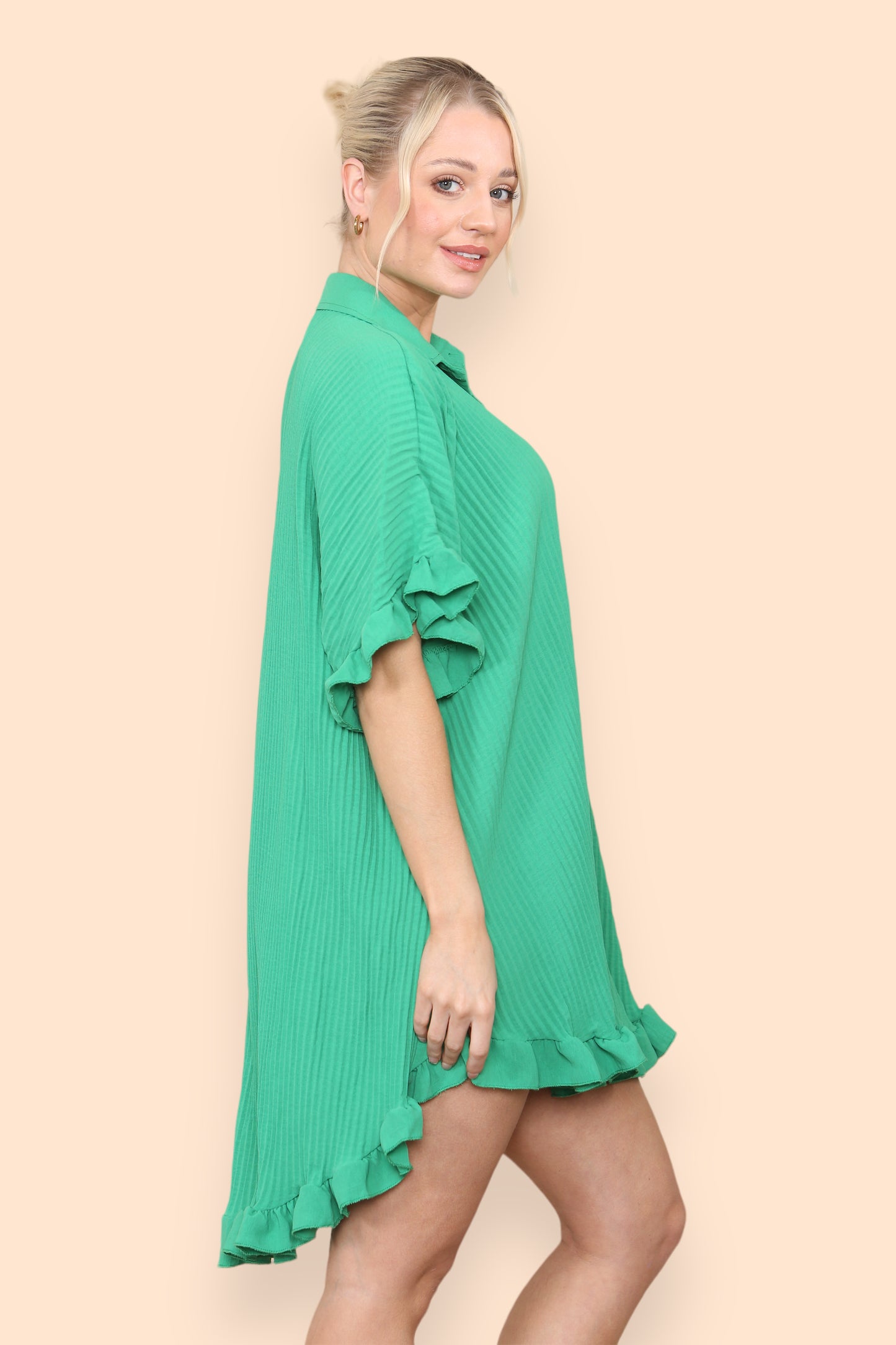 Over Sized Italian Gold Button Pleated Frill Ruffle TikTok Dress Top - 9th Degree