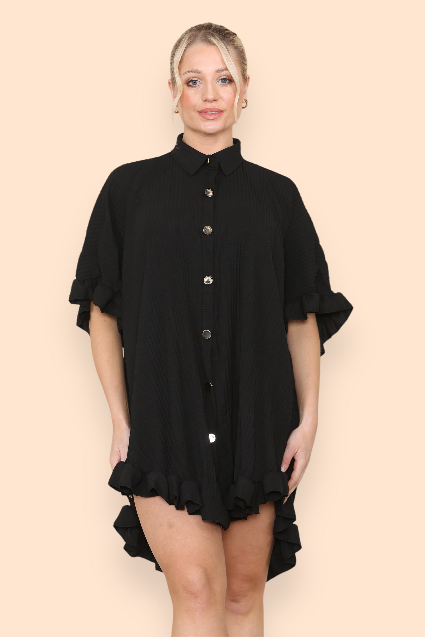 Over Sized Italian Gold Button Pleated Frill Ruffle TikTok Dress Top - 9th Degree