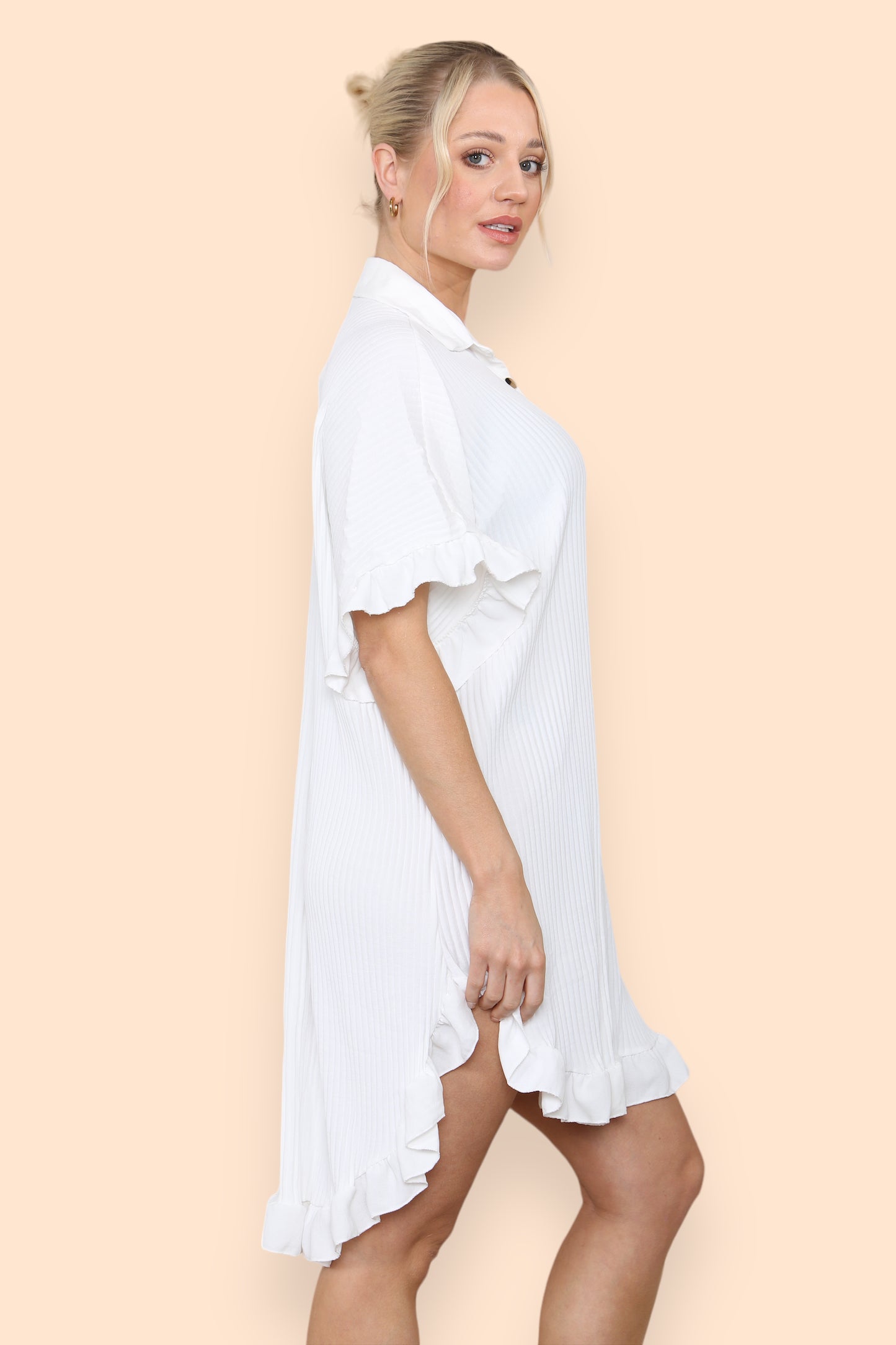 Over Sized Italian Gold Button Pleated Frill Ruffle TikTok Dress Top - 9th Degree