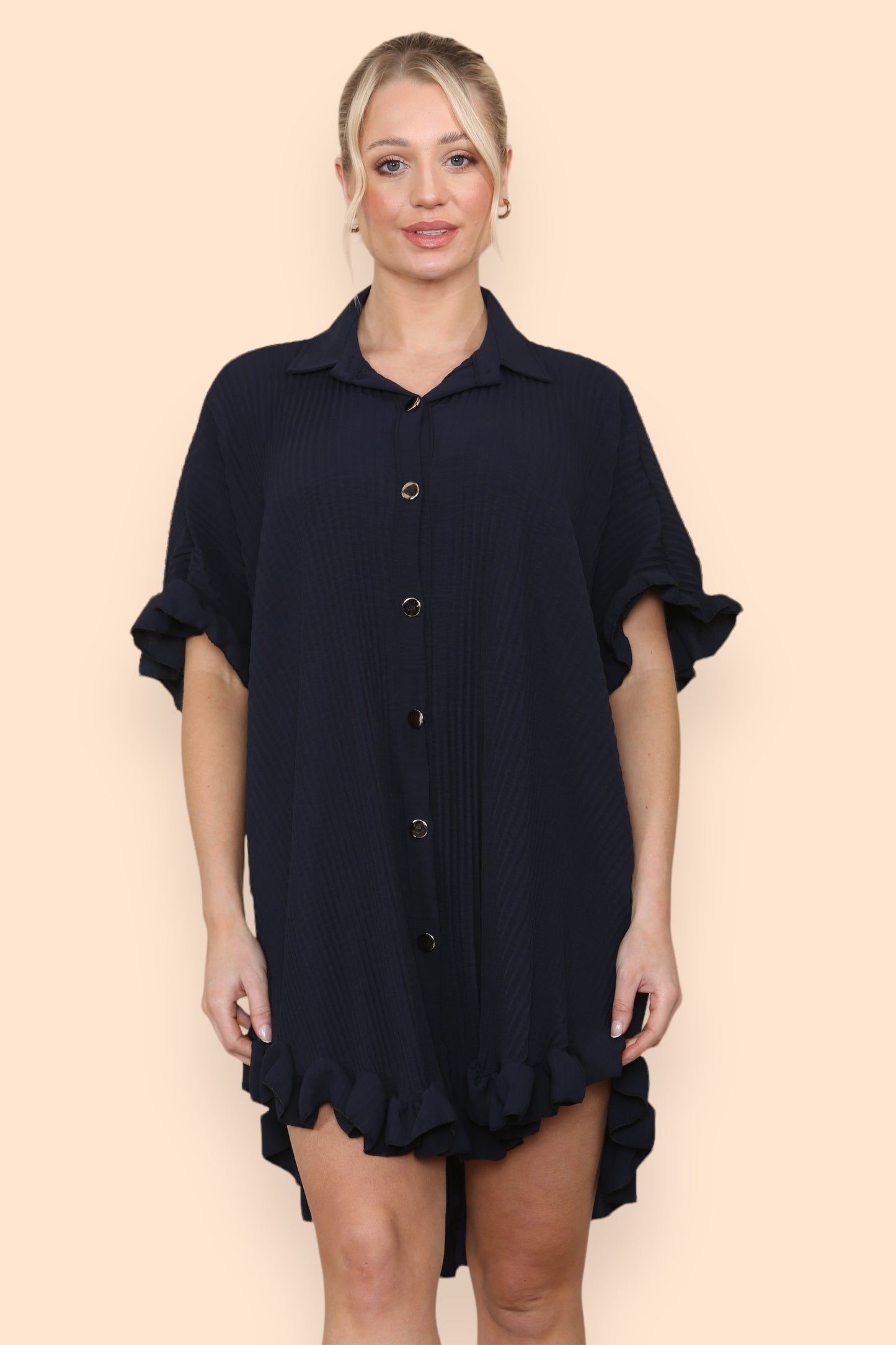 Over Sized Italian Gold Button Pleated Frill Ruffle TikTok Dress Top - 9th Degree