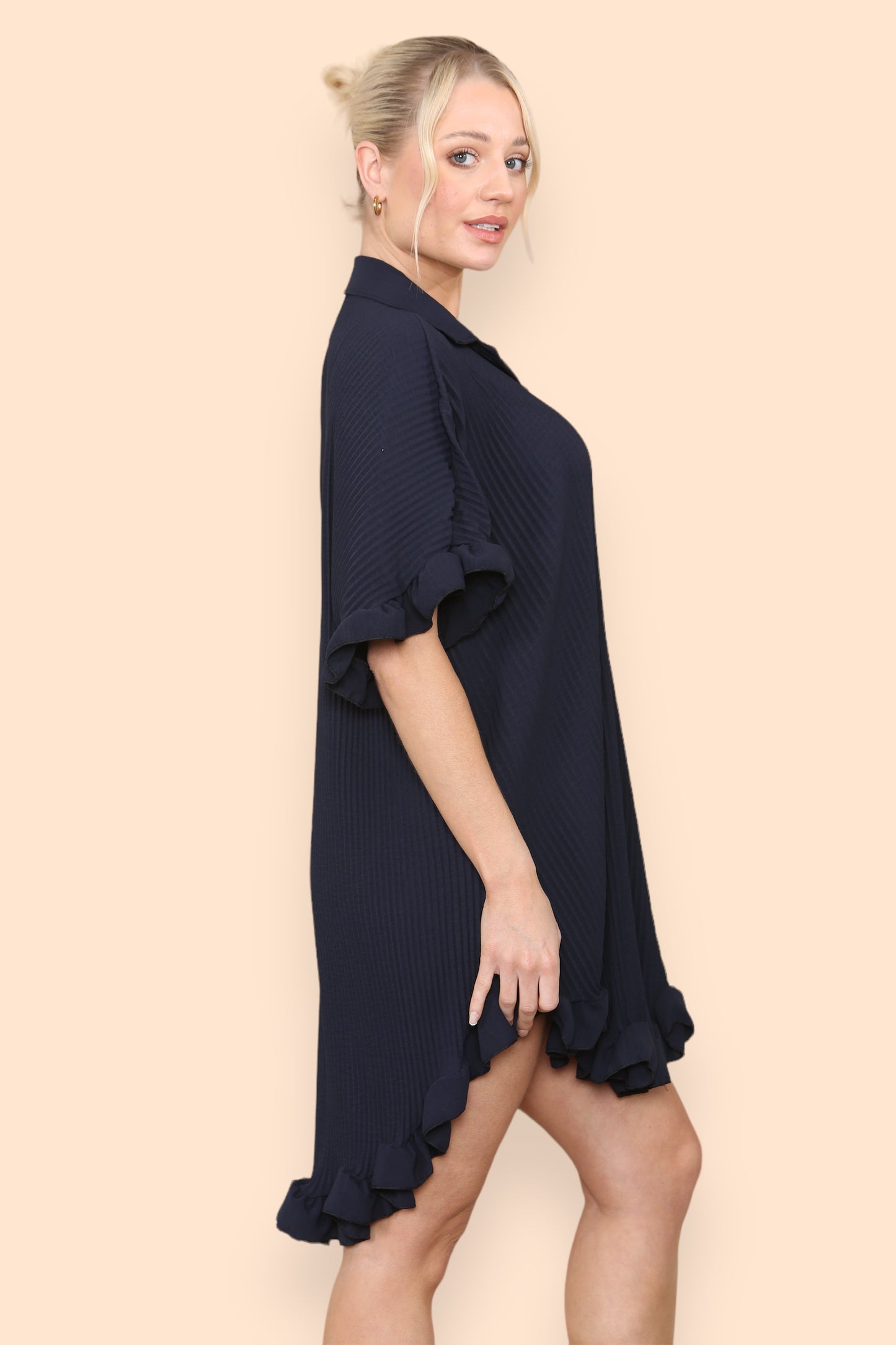 Over Sized Italian Gold Button Pleated Frill Ruffle TikTok Dress Top - 9th Degree