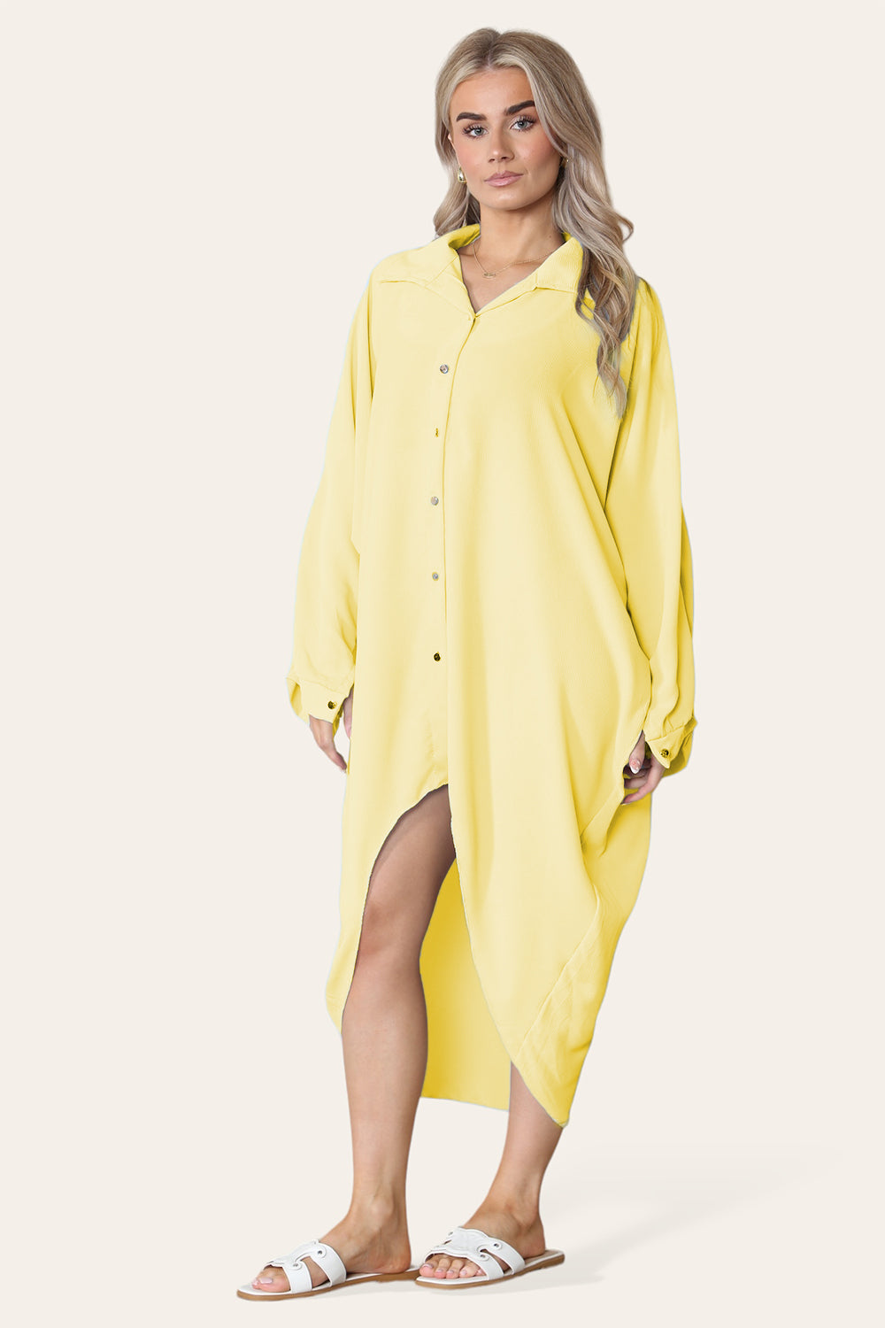 High-Low Oversized Button Long Top Shirt Dress with Hem and Long Sleeves - 9th Degree