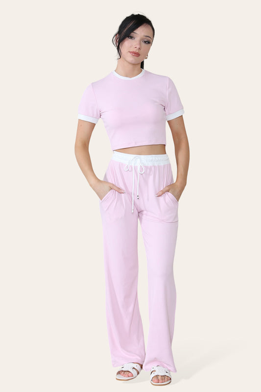 Ribbed Contrast Wide Leg Flared Trousers And Top Loungewear TRS Cropped Set - 9th Degree