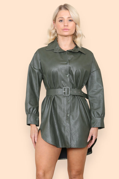 PU Faux Leather Belted Wet Look Shirt Dress - 9th Degree