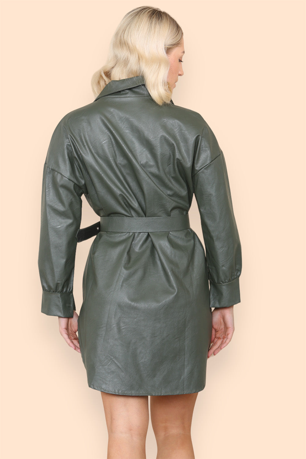 PU Faux Leather Belted Wet Look Shirt Dress - 9th Degree